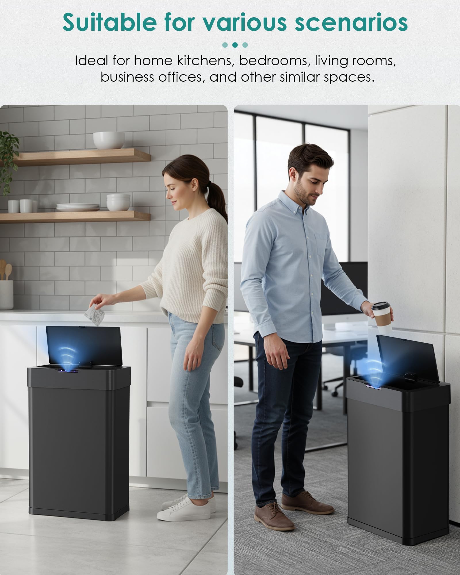 LIFERUN Mülleimer mit Sensor 50l, Mülleimer Küche 50 Liter,schwarz | automatischer Abfalleimer, Öffnen per Handbewegung oder Berühren, Softclose-Deckel, aus Edelstahl