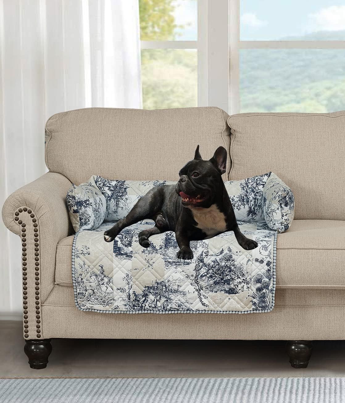 Brilliant Sunshine Quilted Calming Dog Bed Mat, Removable Washable Cover, Cushion Protector and Couch Covers for Dogs, Pets, Cats, Medium, Blue Beige Toile
