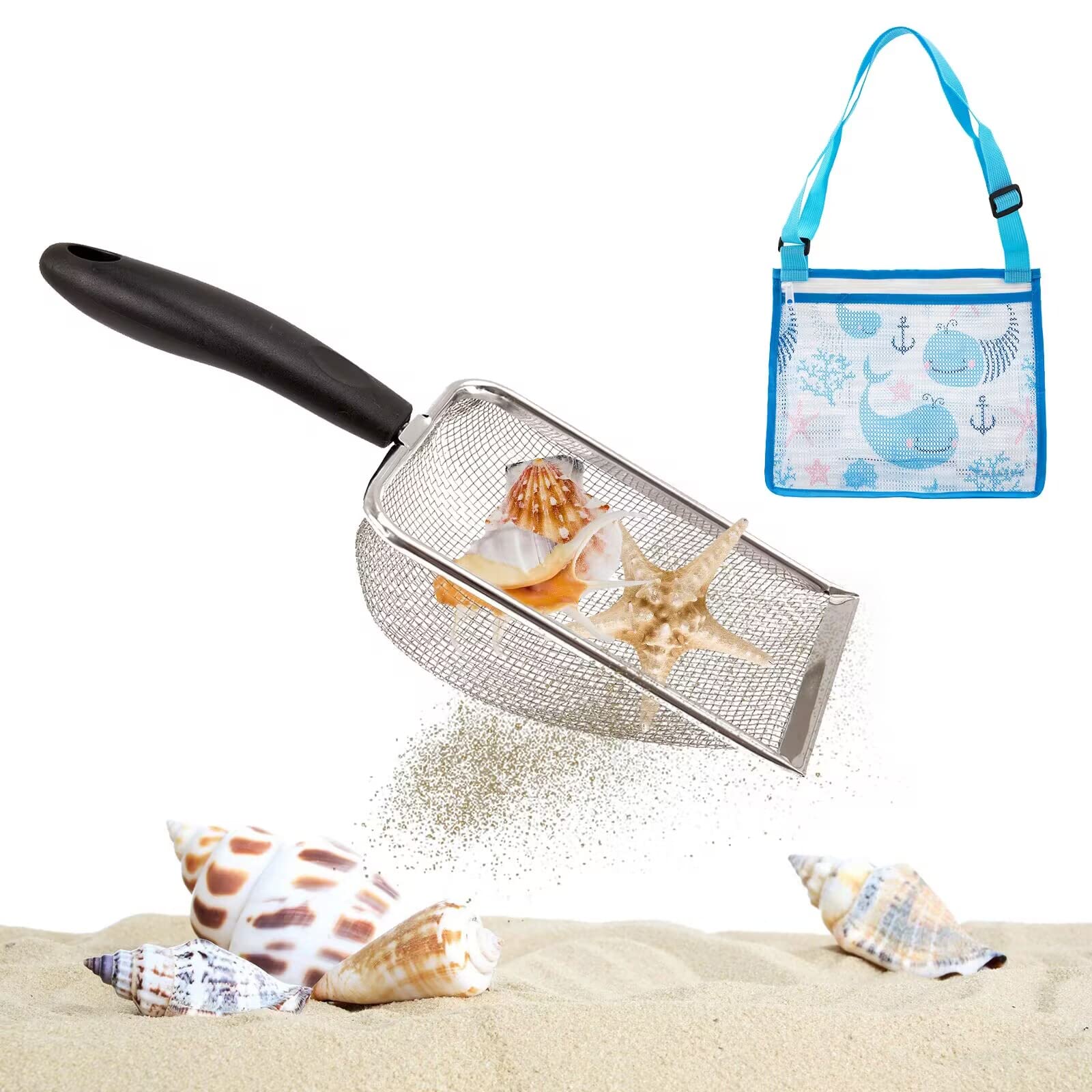 Photo 1 of Beach Mesh Shovel with Mesh Beach Bag for Shell Collecting, Kids Filter Sand Scooper for Picking Up Shells, Shark Tooth Sifter Dipper for Boys and Girls,Kids Beach Toys Beach Toy,Kids Beach Bag
