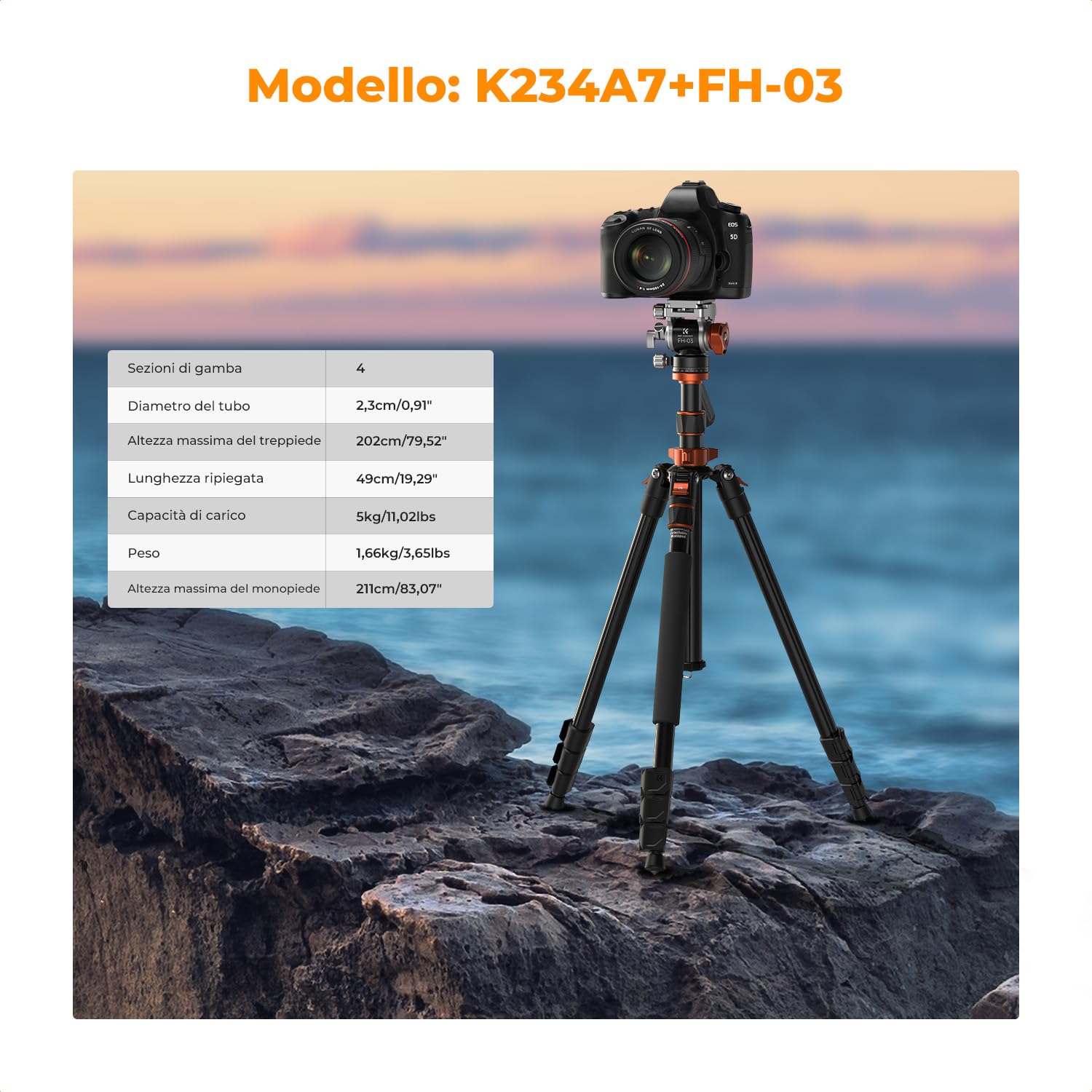 K&F CONCEPT Treppiede Fotocamera 202cm, Treppiede Video Professionale con Testa Idraulica, Treppiede da Viaggio in Alluminio, Cavalletto Fotografico con Monopiede Smontabile, Portata 5kg, K234A7