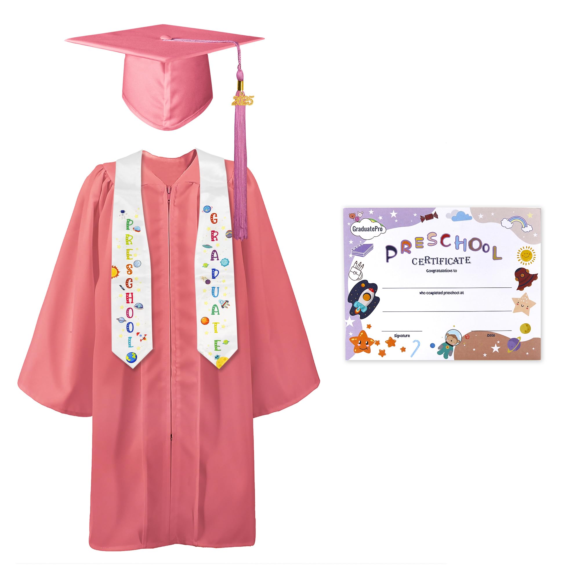 GraduatePro Preschool Graduation Cap Gown Class of 2025 Stole Certificate Package Tassel Set Grad Gift for Kids Pink 30