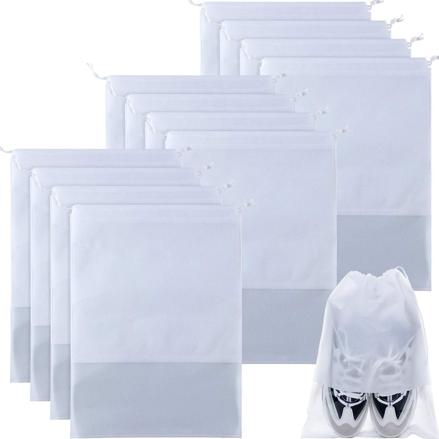 yuangaoshow 15 Pcs Large Travel Storage Shoe Bags, Waterproof Shoe Bag for Gym,Travel, Portable Shoe Pouch Organizer Non-Woven Fabric with Drawstring for Men and Women (White - 15pcs Large)