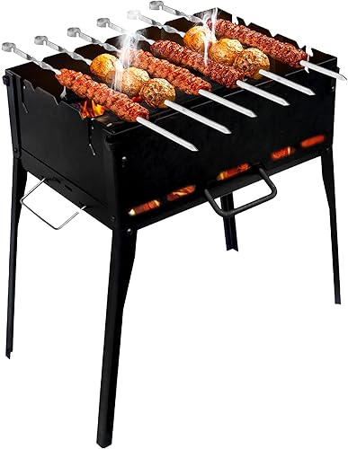 CKG Parrilla de barbacoa portátil resistente plegable Kazan Mangal BBQ Kabab Shashlyk Estufa de camping Viaje al aire libre 6 pinchos Brasero 0.079