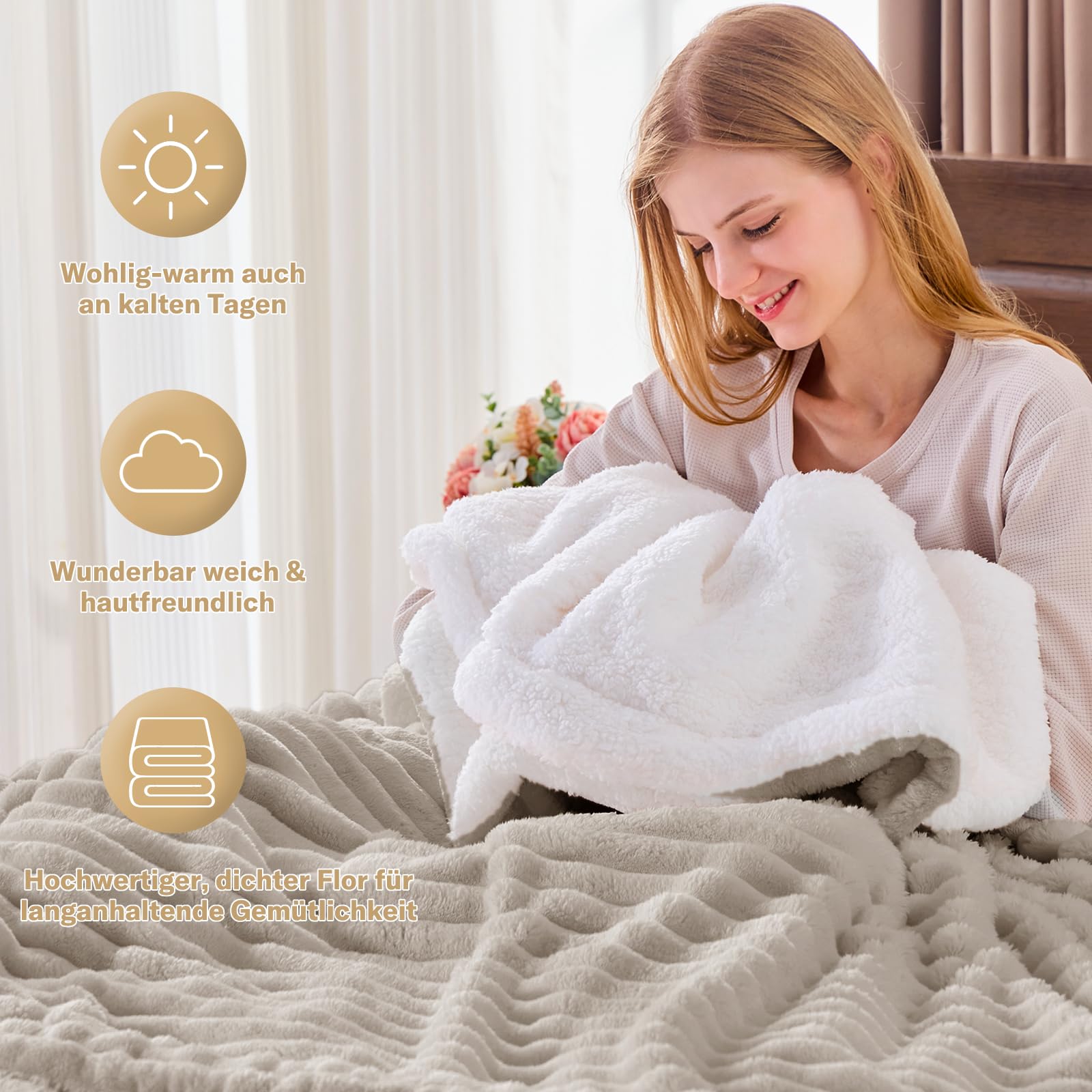Vielit Sherpa - Manta gruesa y mullida (220 x 240 cm, tamaño XXL, manta de pana extrasuave, manta para sofá o para el salón y el sofá), color beige