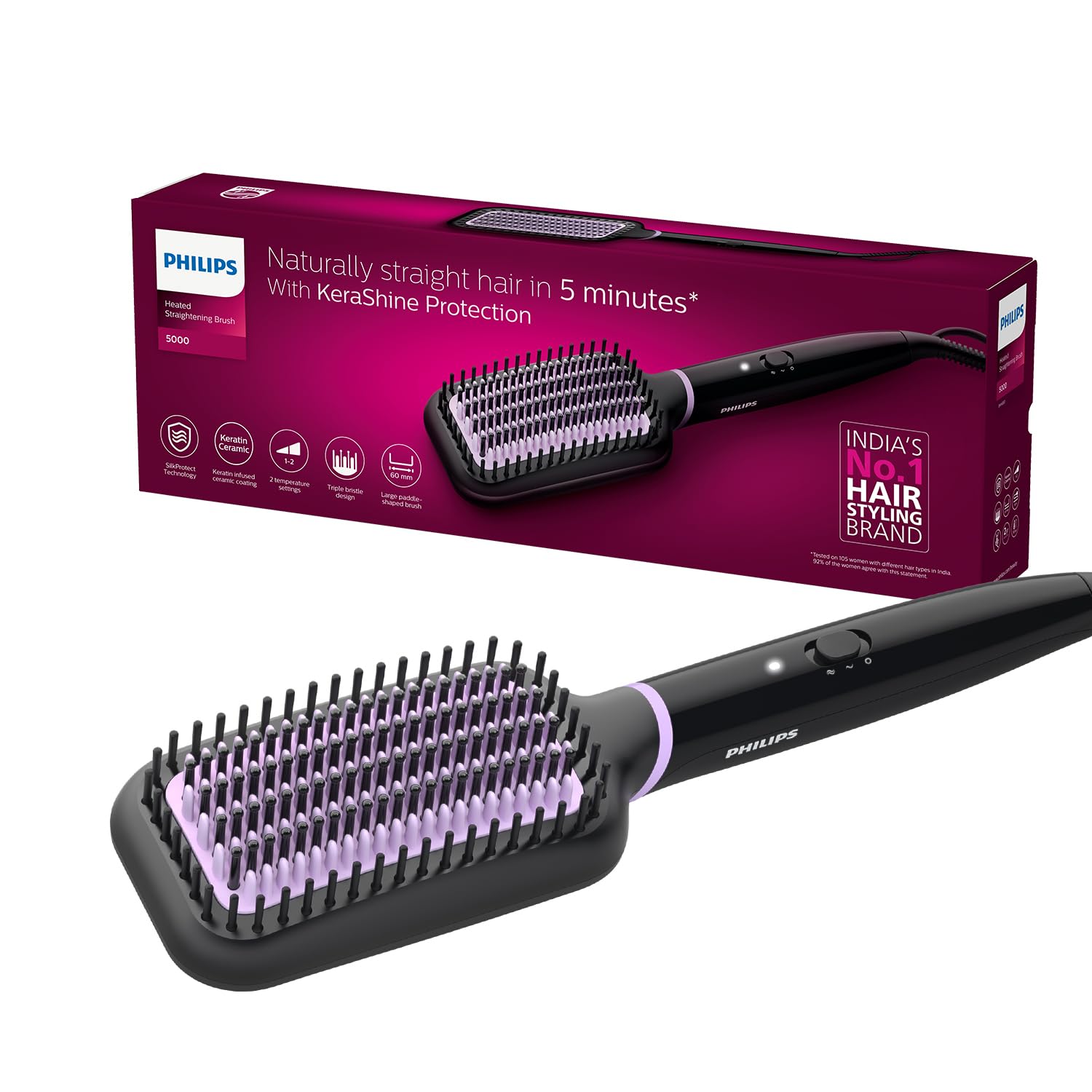 Hair Straightener Brush | 5X Better Frizz Free Hair In 5Min I Style With 2X More Volume | Shiny And Smooth Hair I No Scalp Burns I Keratin Bristles I 2 Temperature Settings | BHH880/10 | Black