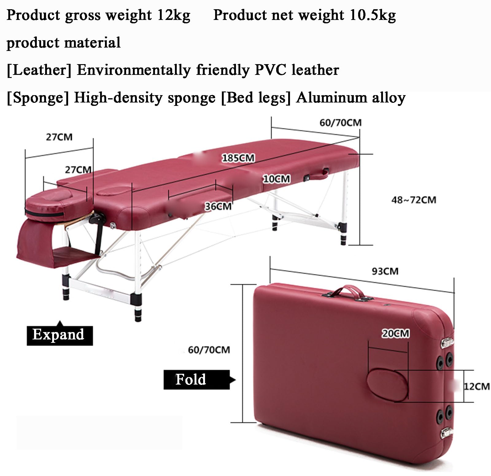 Mesa de Masaje de Aluminio Cama de SPA Cama de Masaje portátil de 2 Pliegues con reposabrazos Mesa de Masaje de SPA Profesional Ajustable en Altura (marrón 185 * 70 cm)