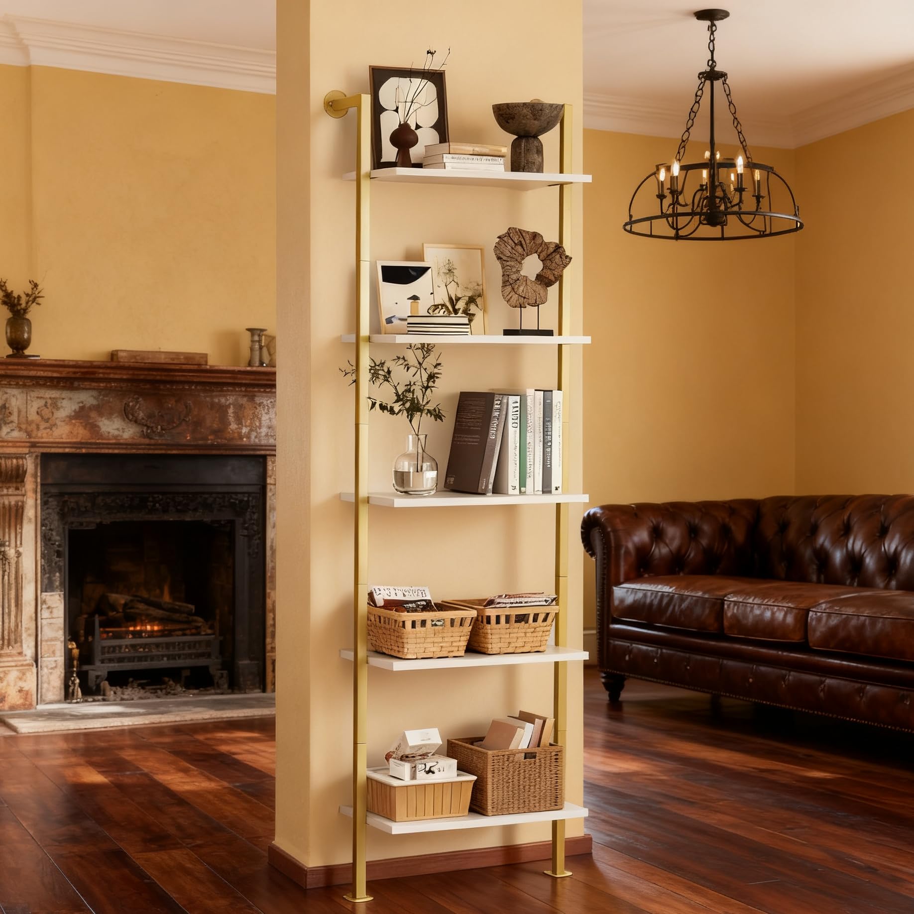 5-Tier Bookshelf Solid Wood Ladder Shelf, Narrow Book Shelf Display Shelf, Wooden Bookcase, Wall Mount Ladder Shelf, Storage Rack for Living Room, Bedroom, Bathroom, White and Gold