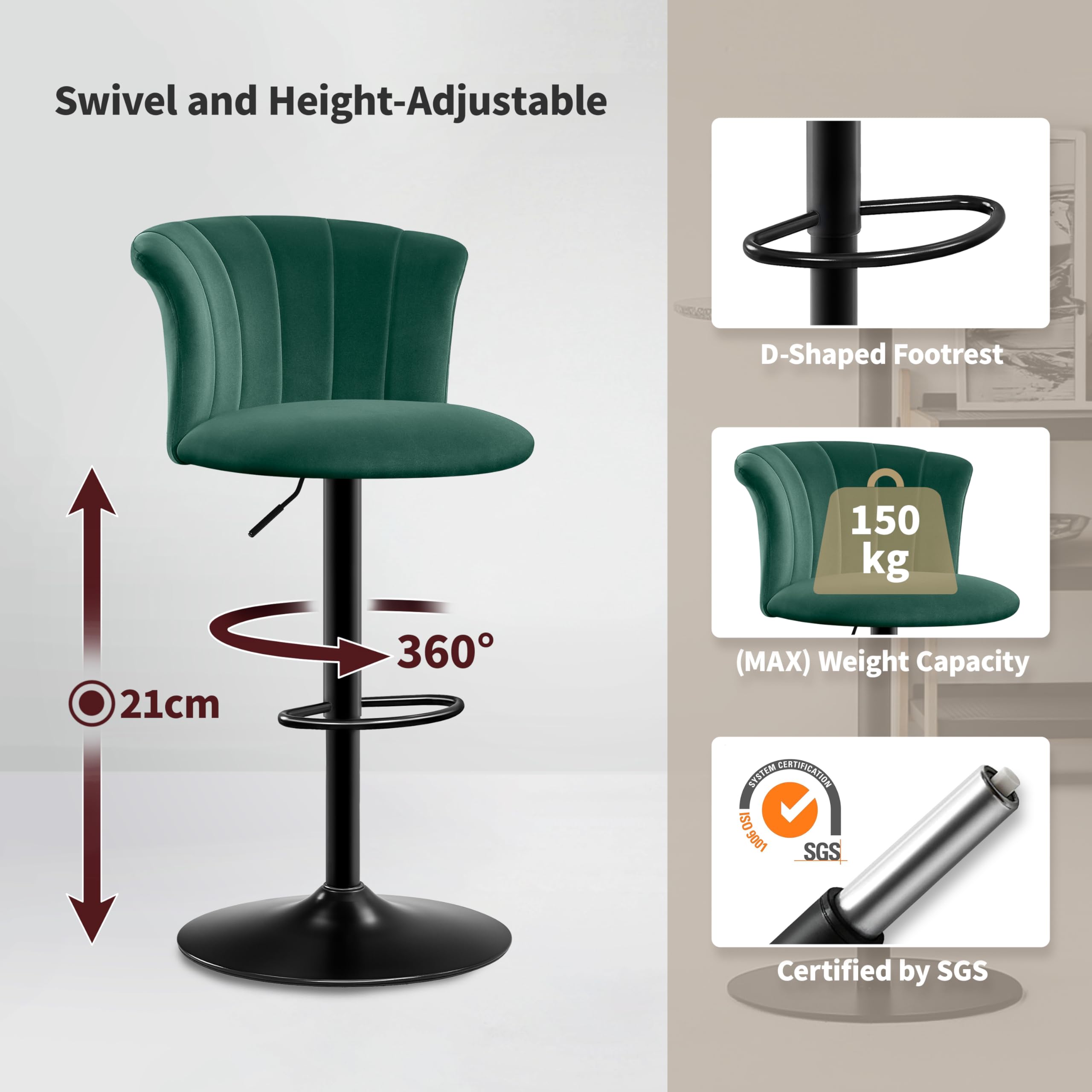 STOOLINK 2er Set Barhocker Höhenverstellbar Barstuhl Seidensamtstoff, Küchenhocker 360° Drehbar, Barhocker mit Lehne, Tresenhocker 150kg Belastbar für Küche, Esszimmer-Grün