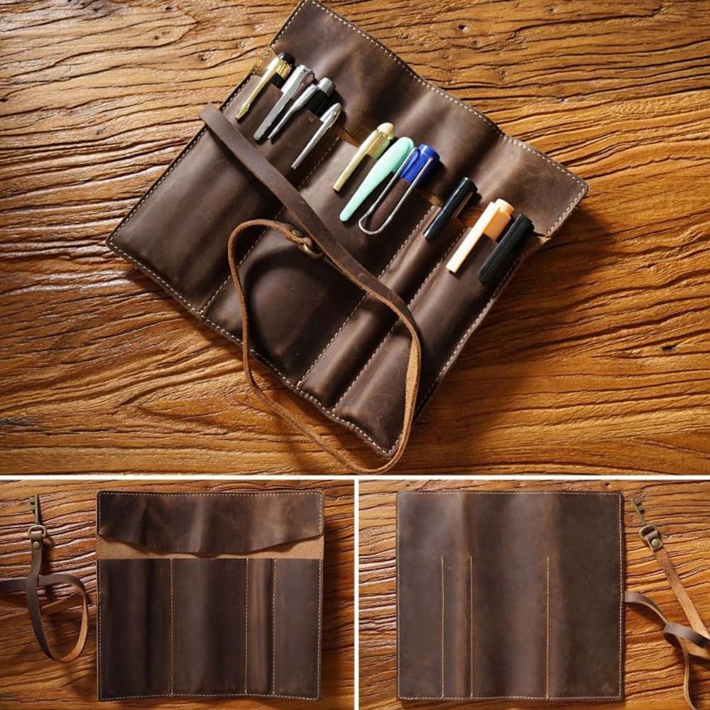 DONGKER Leather Pen Bag,Roll-Up Leather Wrap Pen Pouch, Foldable Pencil Roll Organizer for Student Artist Drawing Coloring - Image 2