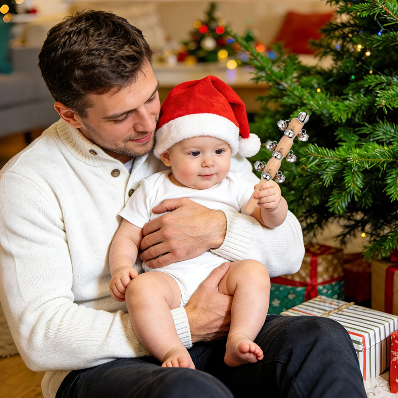 TOYANDONA 10 x Glocken mit Holzgriff für Weihnachten, Rassel, Rassel, Spielzeug für Babys, Kinder, Musikspielzeug, Weihnachtsstrumpffüller
