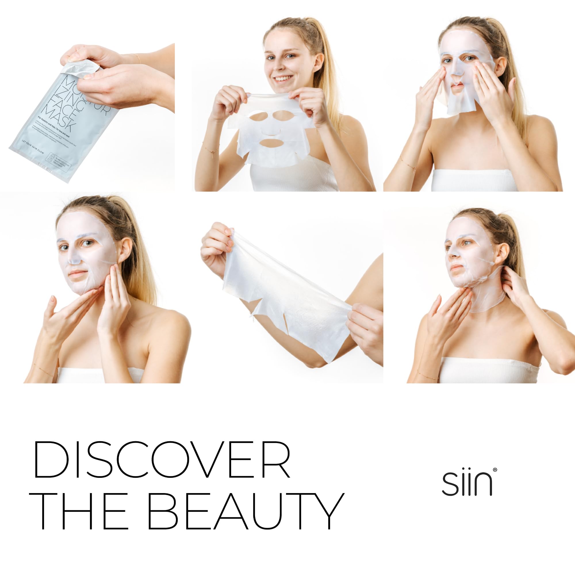 siin feuchtigkeitsspendende Gesichtsmaske - 5er pack Intensive Feuchtigkeit für trockene Haut - Tuchmaske mit Hyaluronsäure, Fucogel® & Kollagen - Intensive Feuchtigkeit für Gesicht und Hals