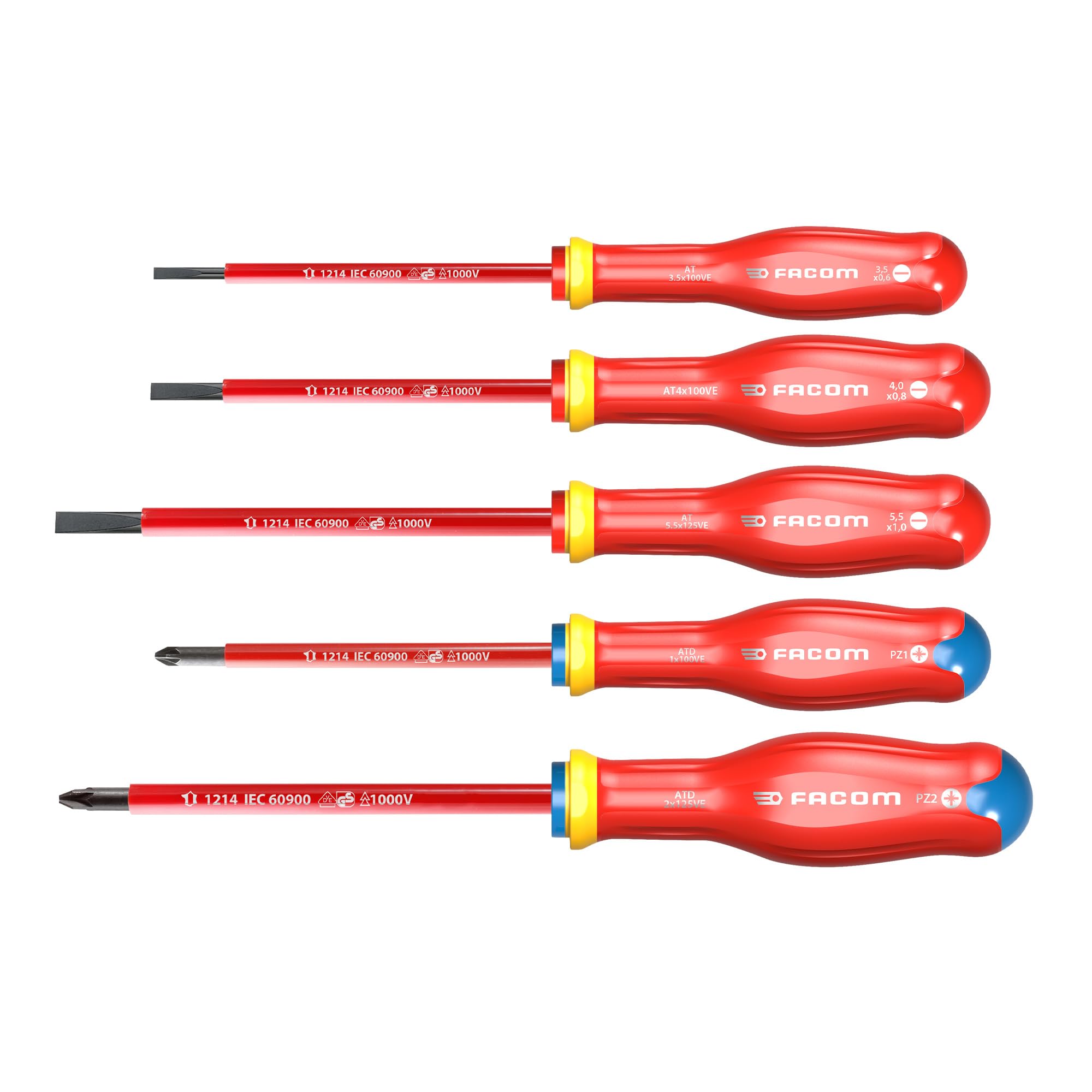 FACOM - Juego de 5 Destornilladores Protwist Aislados 1000V, Incluye 3 Destornilladores de Ranura y 2 Pozidriv, Calidad, Ergonomía, Tratamiento Anticorrosión, AT5VE.PB