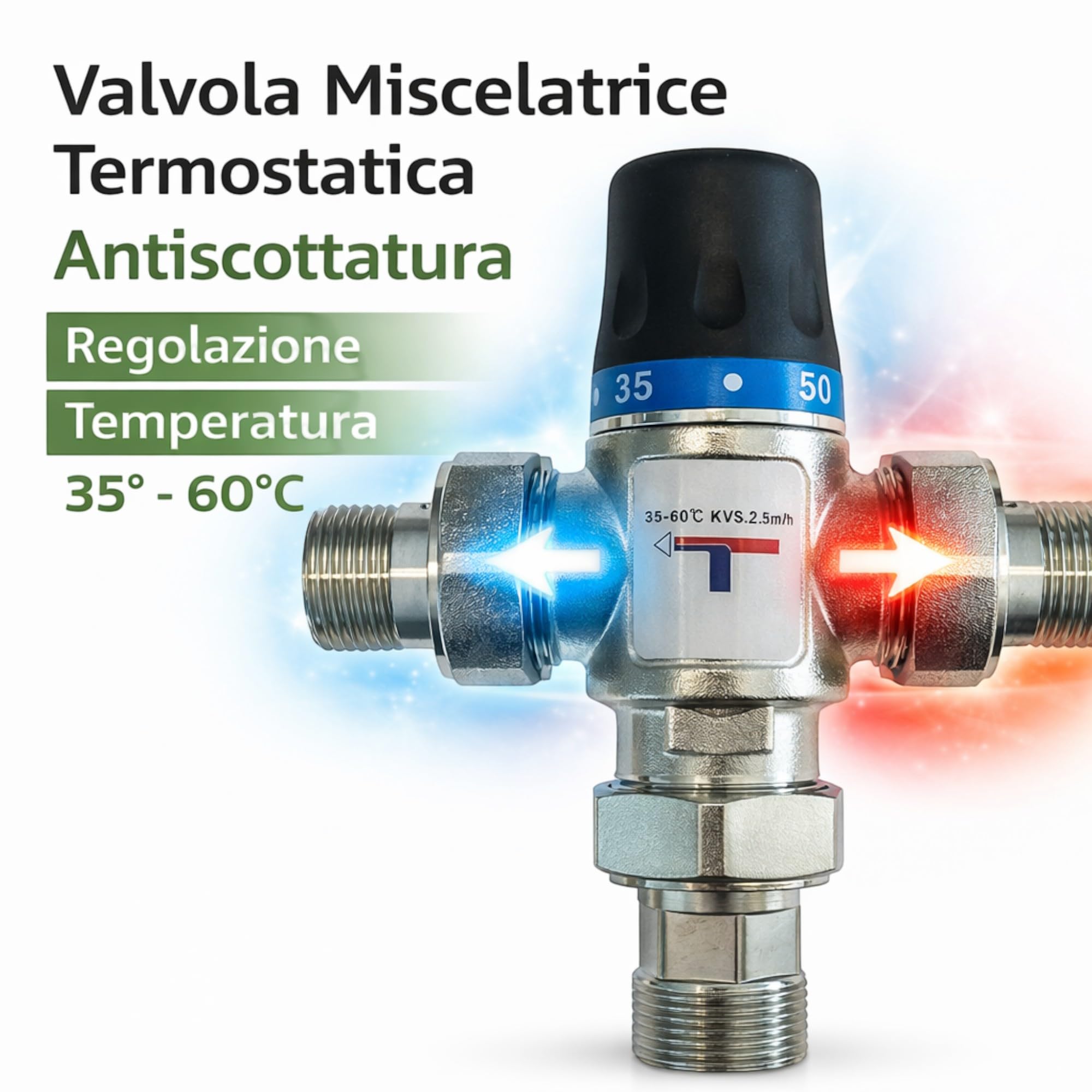 Valvola Miscelatrice Termostatica Solare 1” in Ottone CW617N con Prolunghe 3/4” M, Regolatore Temperatura 35-60°C, Antiscottatura per Boiler, Scaldabagno e Impianti Solari