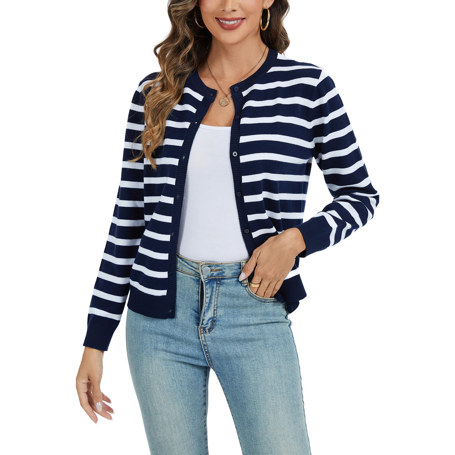 CUNYI Cardigan Donna Maglia con Bottoni Girocollo Classico Manica Lunga Giacca Cappotto Elegante, Blu Navy e Bianco S