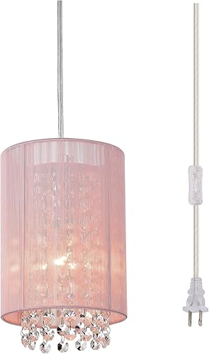 Candelabro pequeño enchufable con 1 luz colgante, lámpara colgante de cristal rosa para dormitorio de niñas