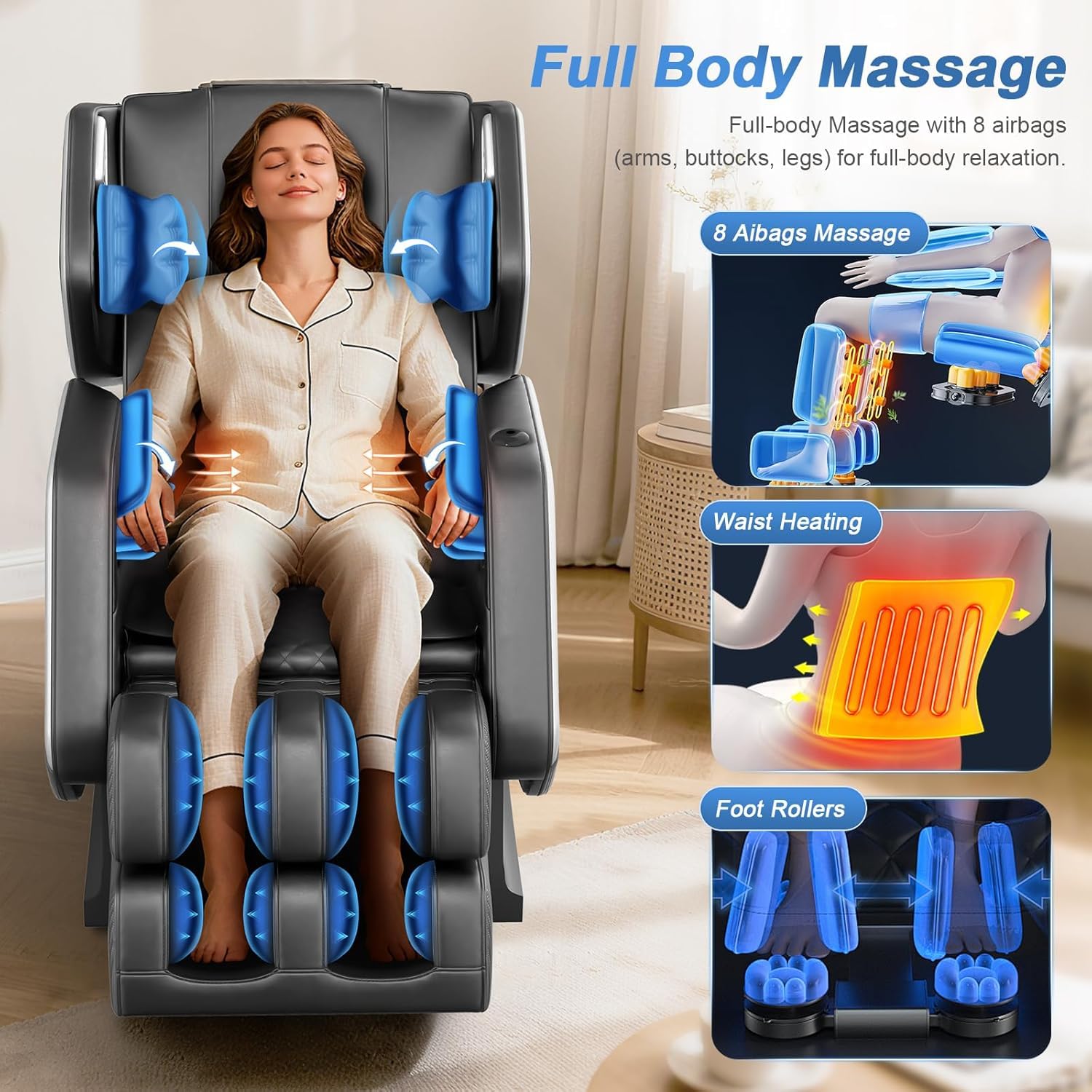 Massagesessel Ganzkörper-Massagestuhl mit 14 Rollen 8 Airbags Heizfunktion Bluetooth-Lautsprecher Touch-Fernbedienung