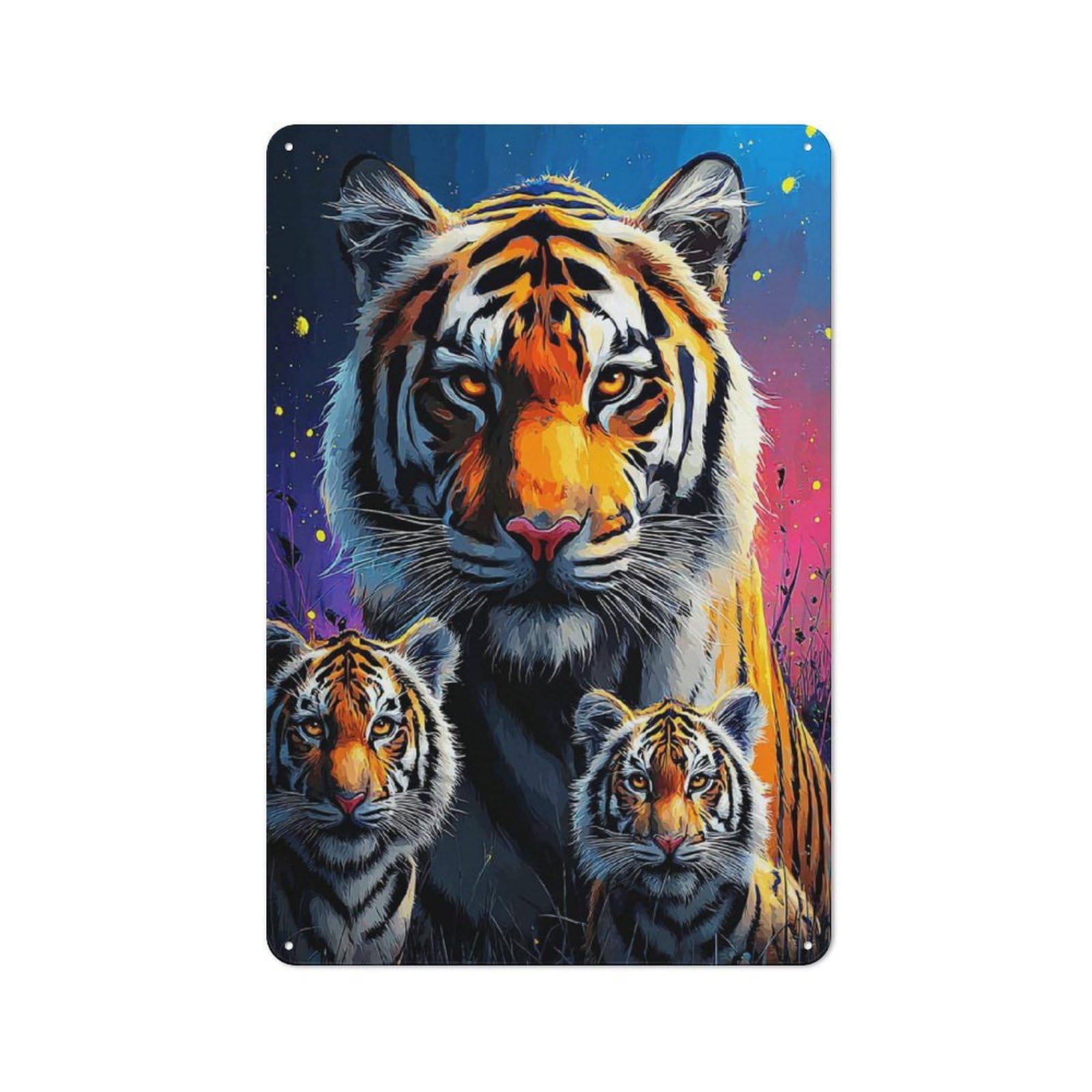 Junmoney Colorful Tiger Family Portrait -2 Decorative Tin Plaque With Design 30X20cm, Classic Novelty Wall Art For Flat, Dorm Room, Lounge Or Cafe