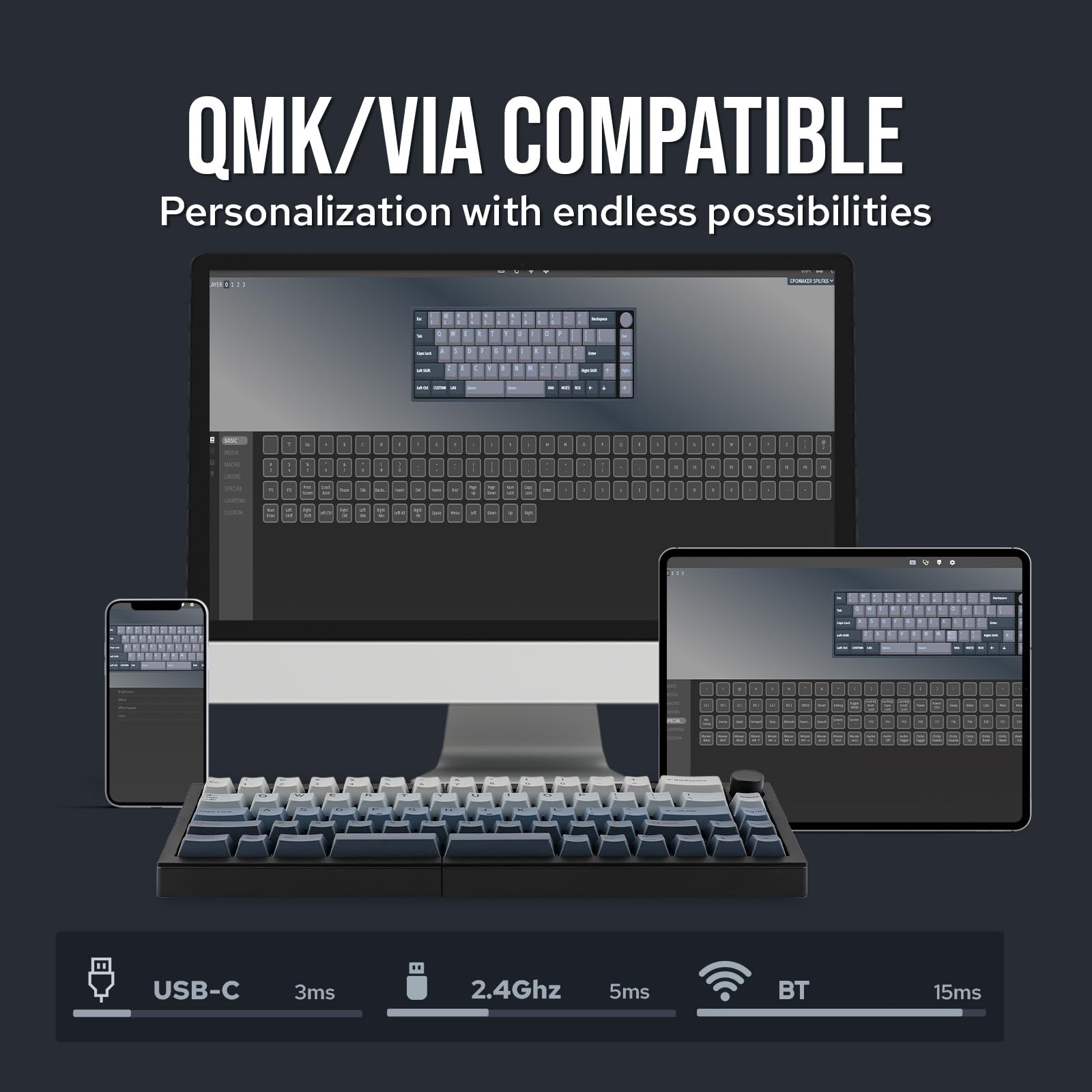 EPOMAKER Split65 Teclado Mecánico Inalámbrico para Juegos, Programable con QMK/Via, 2.4Ghz/BT/Tipo-C, RGB, Diseño Ergonómico Separado, US ANSI (Negro, Wisteria Linear)
