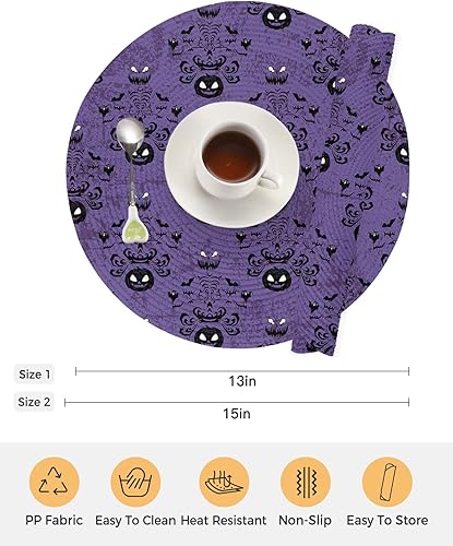 Miniatura 7 de Juego de 2 manteles individuales redondos de Halloween, diseño de murciélagos de calabaza fantasma, manteles individuales tejidos lavables con