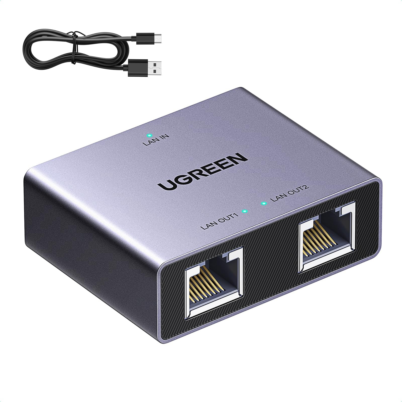 UGREEN Ethernet Splitter, 1 to 2 Gigabit Network Switch, 1000Mbps High-Speed Ethernet Switch, LAN RJ45 Internet Splitter with USB-C Power Cable for PC/Laptop, PS5, Xbox, Modem, Router, TV