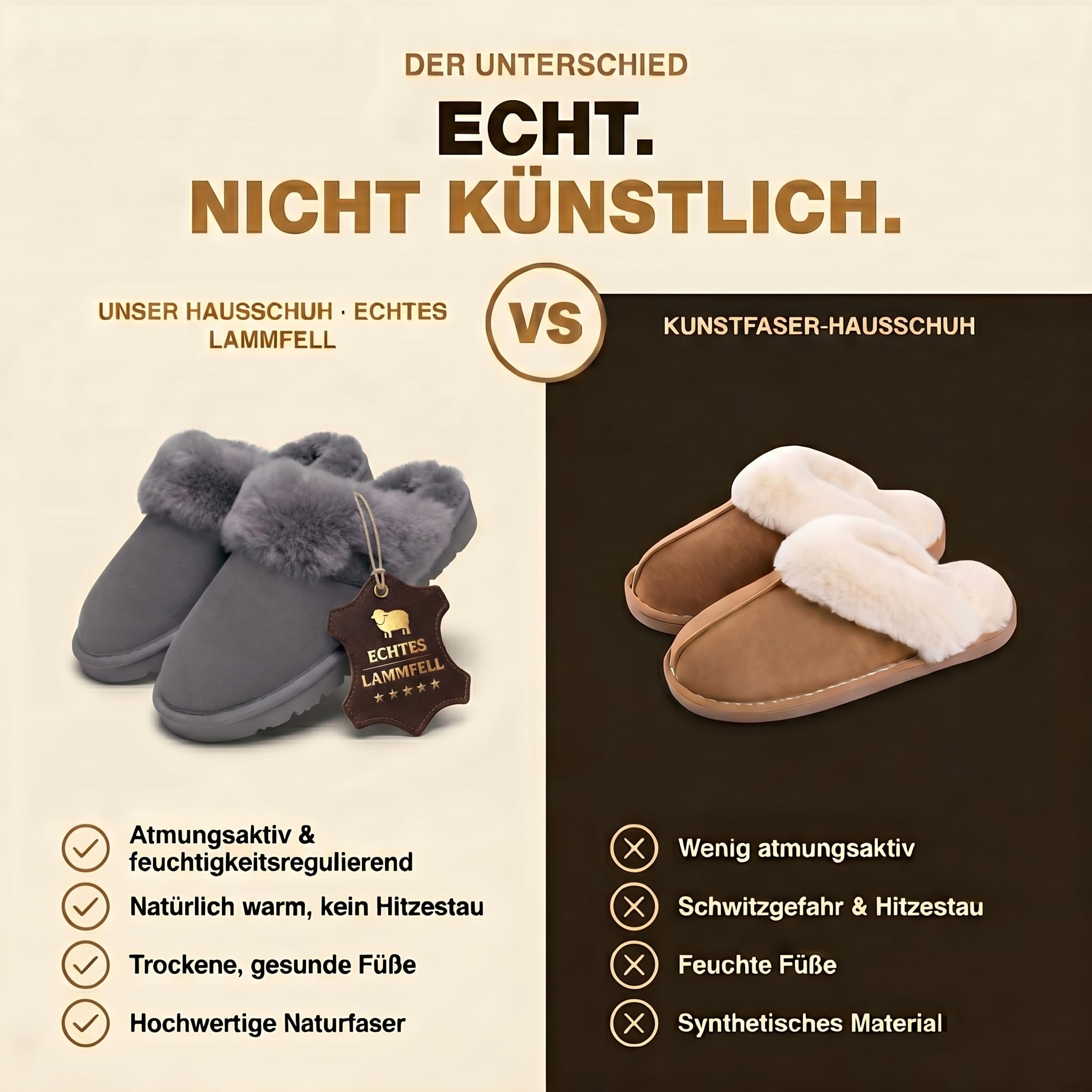 Rohn Moden Lammfell Hausschuhe Damen– Talea – Warme Hausschuhe Damen mit Schaffell & rutschfester EVA-Sohle – Winter Pantoffeln für zuhause – Slipper gefüttert - Braun Rose Grau