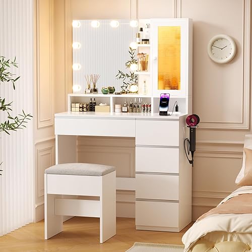 Vanity Desk with Mirror and Lights with Stool, LED& 1 RGB Lighting Cabinet and Power Outlet White Makeup Vanity Table with 6 Drawers Dressing Table for Bedroom Dressing Room,White