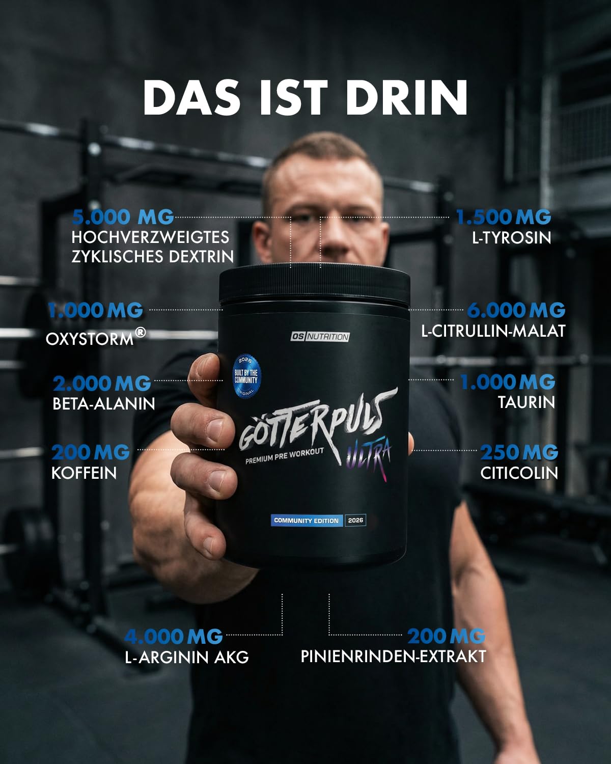 Götterpuls ULTRA Pre Workout 480g Pulver COMMUNITY EDITION 2026 | 200mg Koffein – L-Citrullin, OXYSTORM, Citicolin & Cyclic Dextrin – Vegan – 20 Portionen – Erdbeere-Ananas-Kokos