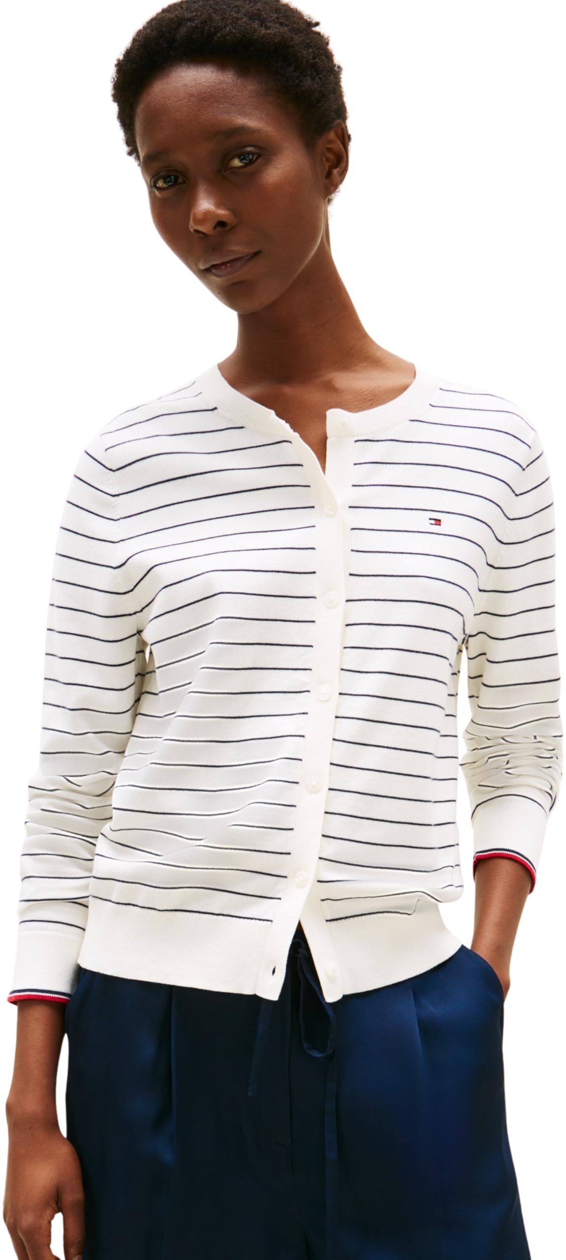 Tommy Hilfiger Women's Elegant Jersey Stitch Cardigan, Multicolor (Ivory Silk/Dark Night Navy STP Gs), M