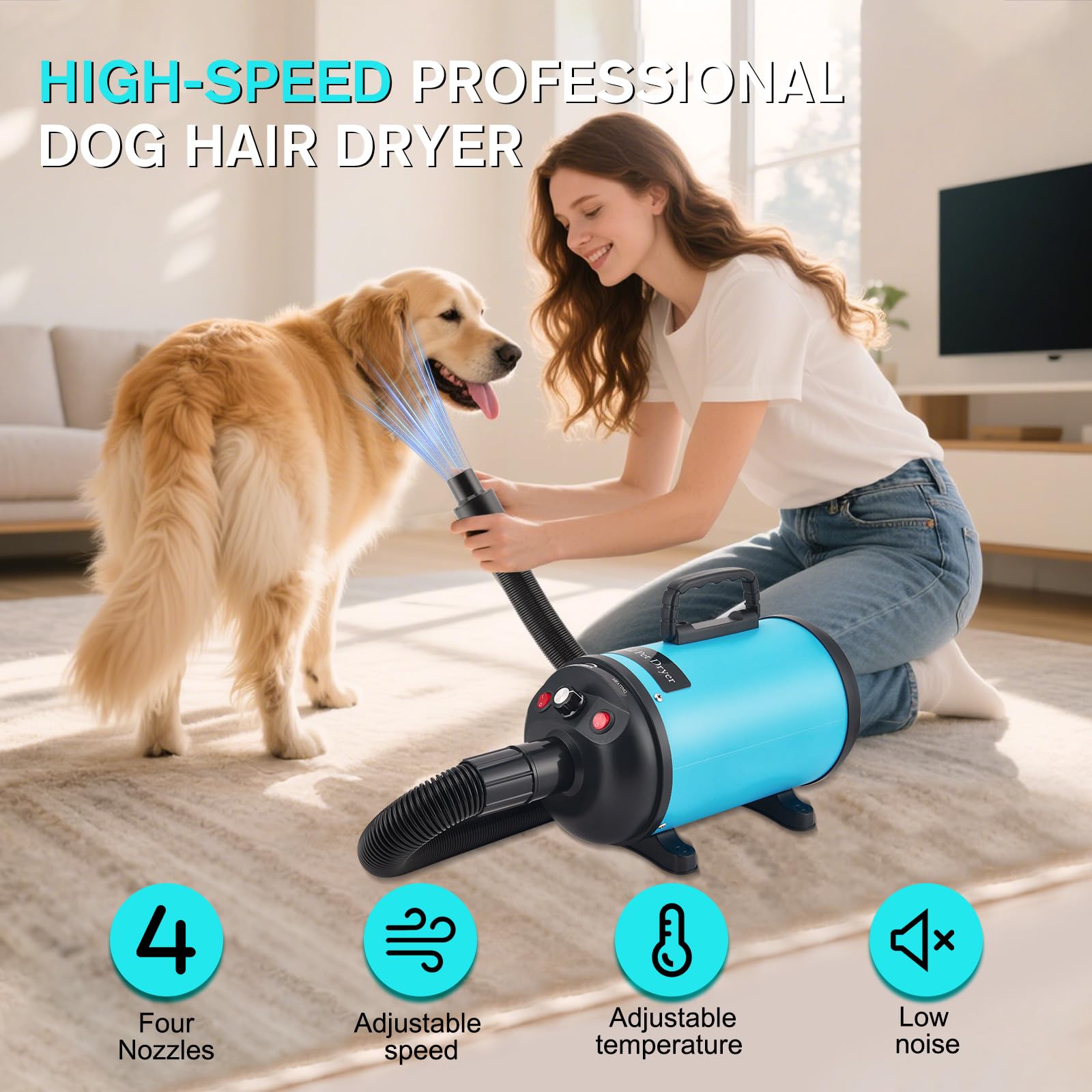 Asciugacapelli per cani, asciugacapelli per cani, 3800 W/4,5 CV, asciugacapelli professionale per la cura del pelo, regolazione continua della velocità, a basso rumore, con 4 diversi ugelli, tubo