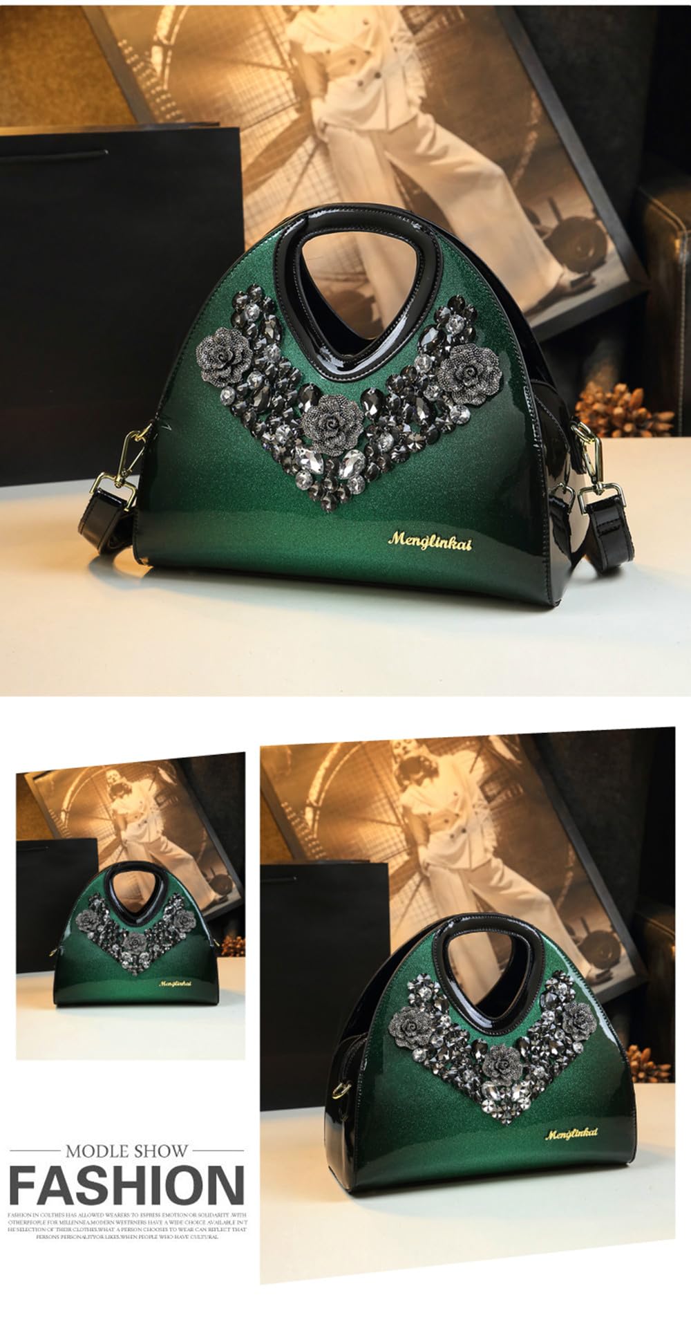 Nucucina Fashion Diamonds Purses For Women Top Handle Satchel Handbags Leather Party Shoulder Messenger Evening Bags (Green)