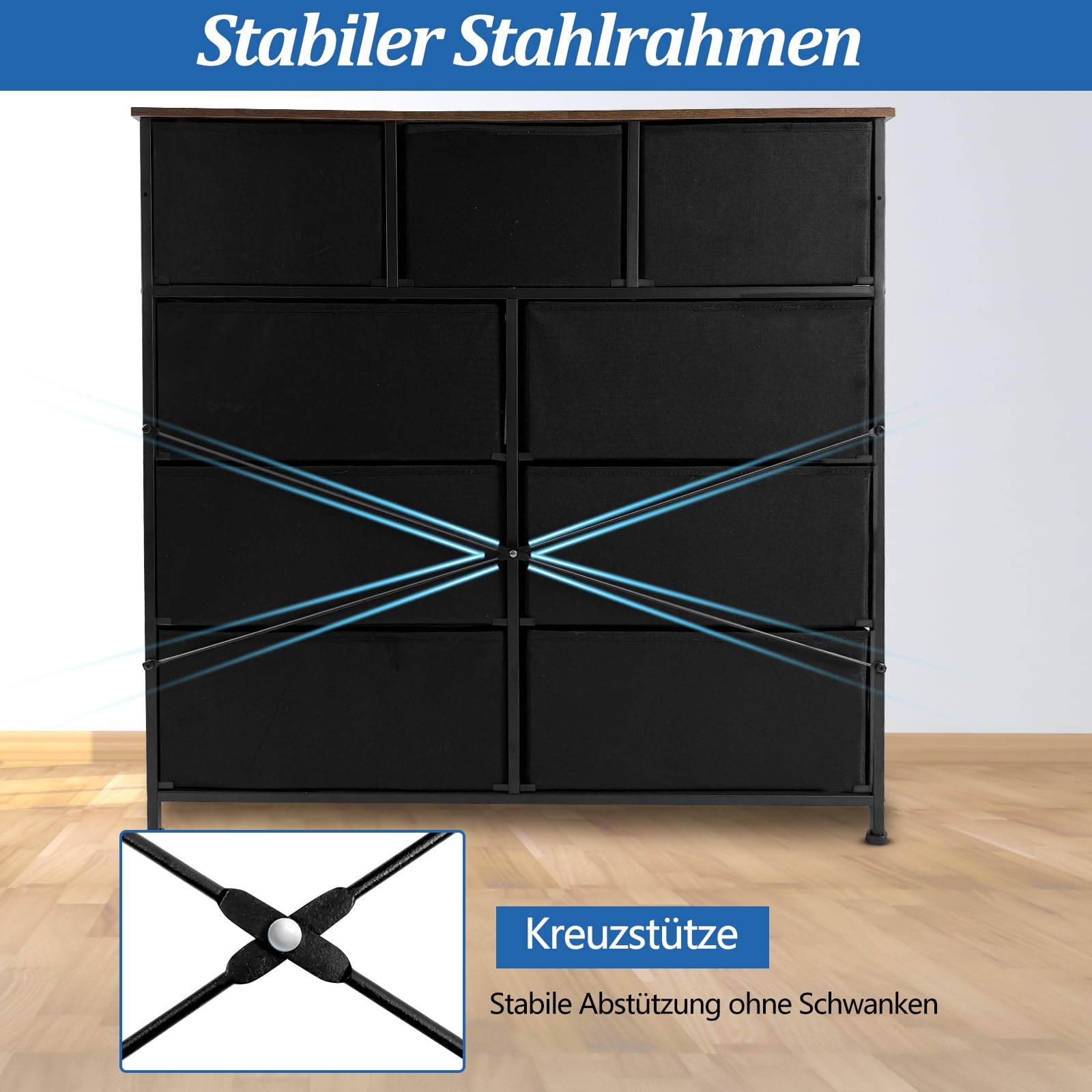 Kommode mit 9 Schubladen aus Stoff, Kinderzimmer Organizer für Schlafzimmer, Aufbewahrungsturm mit Schrank Metallrahmen Holzplatte, Vintagebraun-Schwarz