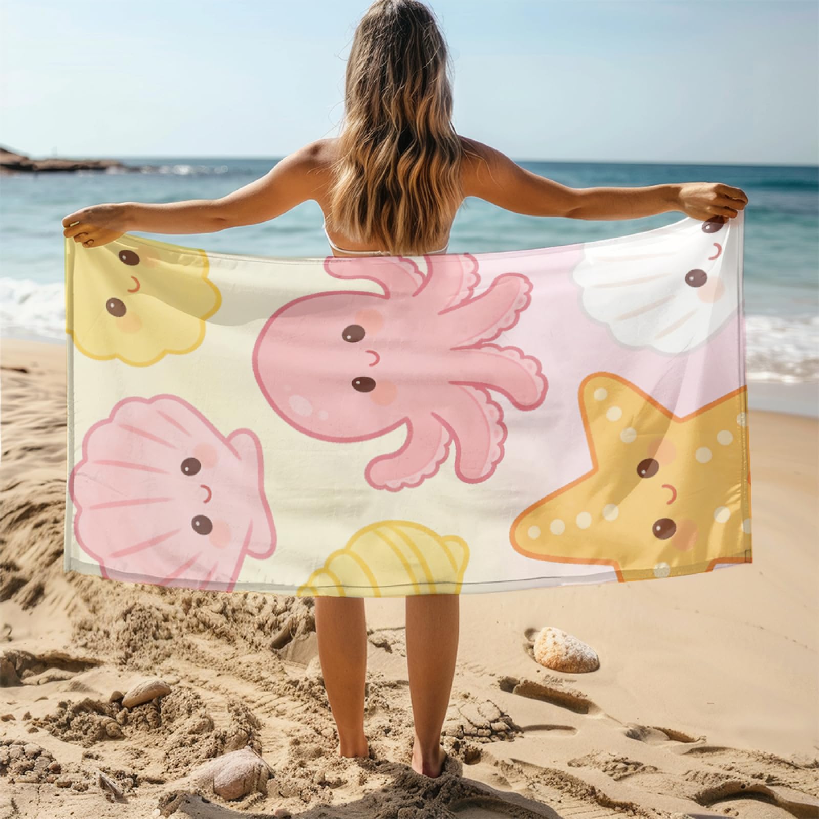 Fouta PlageShells De Plage Jaune Modèle Surdimensionné avec Diverses Tailles, Respirante et Portable, Parfaite pour Voyages Sorties Piscine et Usage Extérieur Quotidien 90x160 cm