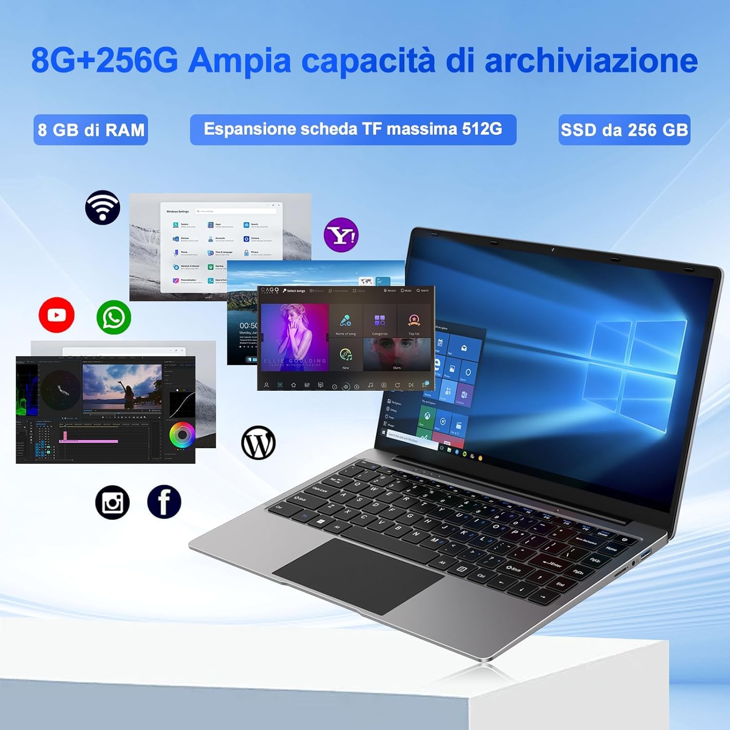 bvate PC Portatile 14" Win 11 Notebook 256 GB ROM Supporta l'espansione SSD 1TB 8GB RAM 2.4G+5G WiFi 1080 FHD BT4.2 USB HDMI con mouse senza fili & adesivi per tastiera Italiana-Grigio