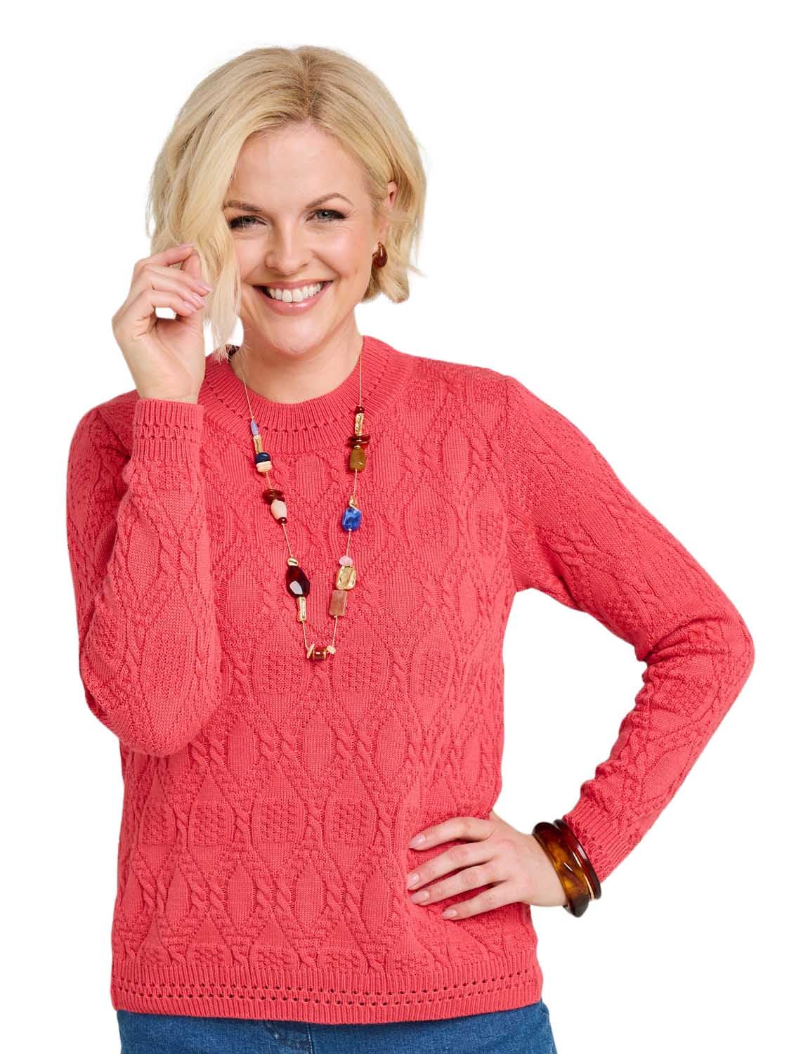 Chums Ladies Knit Cable & Diamond Jumper Coral 10-12