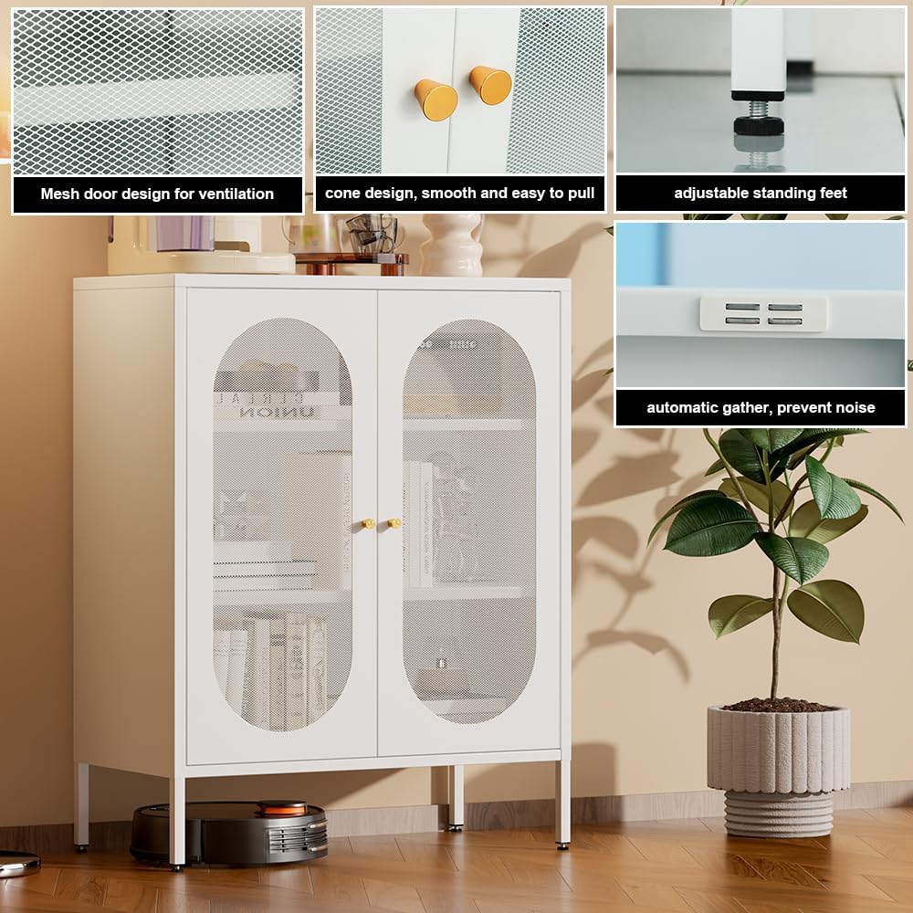 2 Mesh Door Metal Accent Storage Cabinet for Office Room,Garage-Metal Locker Cabinet with 2 Adjustable Shelves (mesh Door, White)