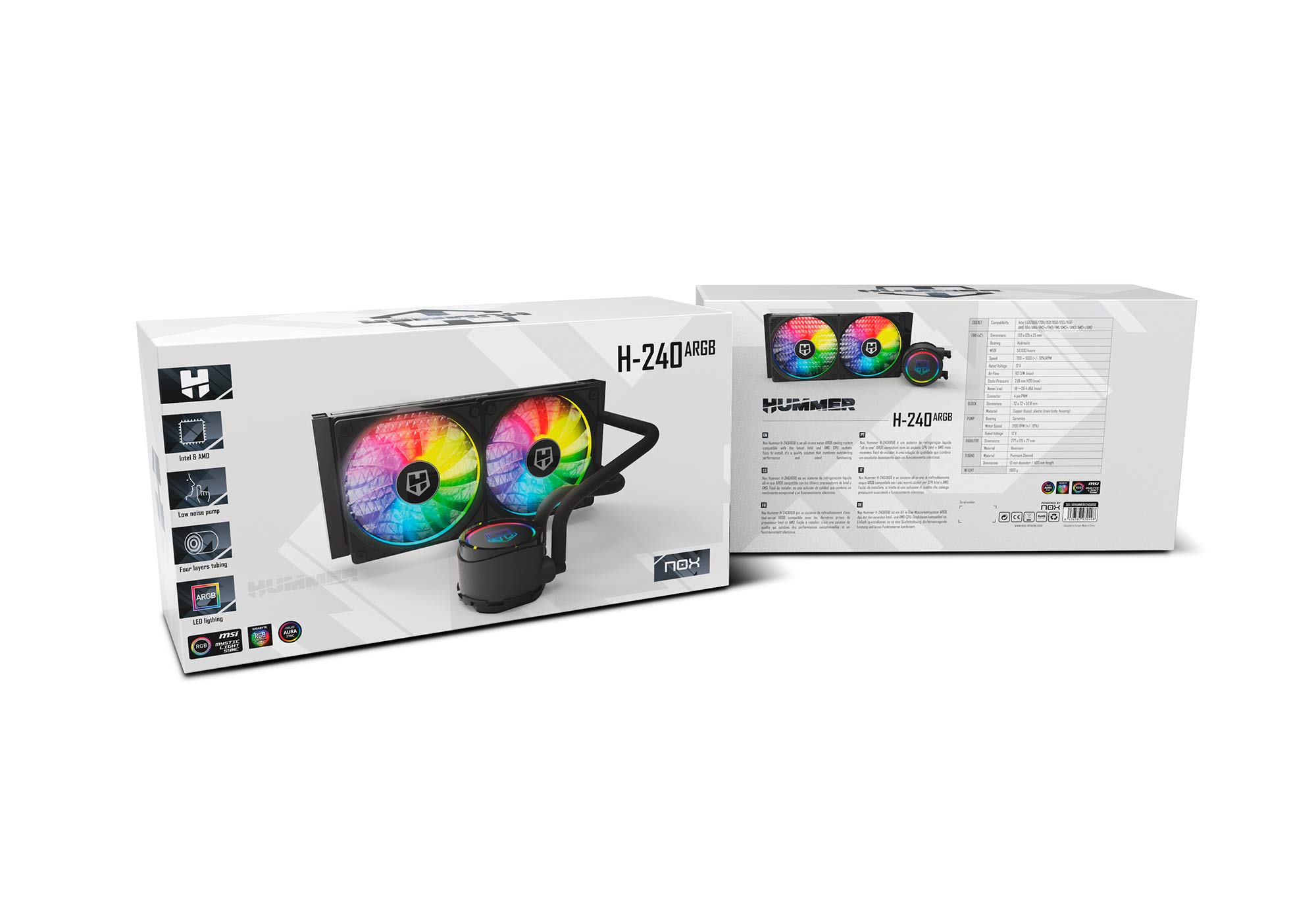 Nox Hummer H-240-NXHUMMERH240ARGB - Refrigeracion liquida ARGB, compatible con Intel&AMD, dos ventiladores 120mm PMW, radiador doble con base aluminio, color negro
