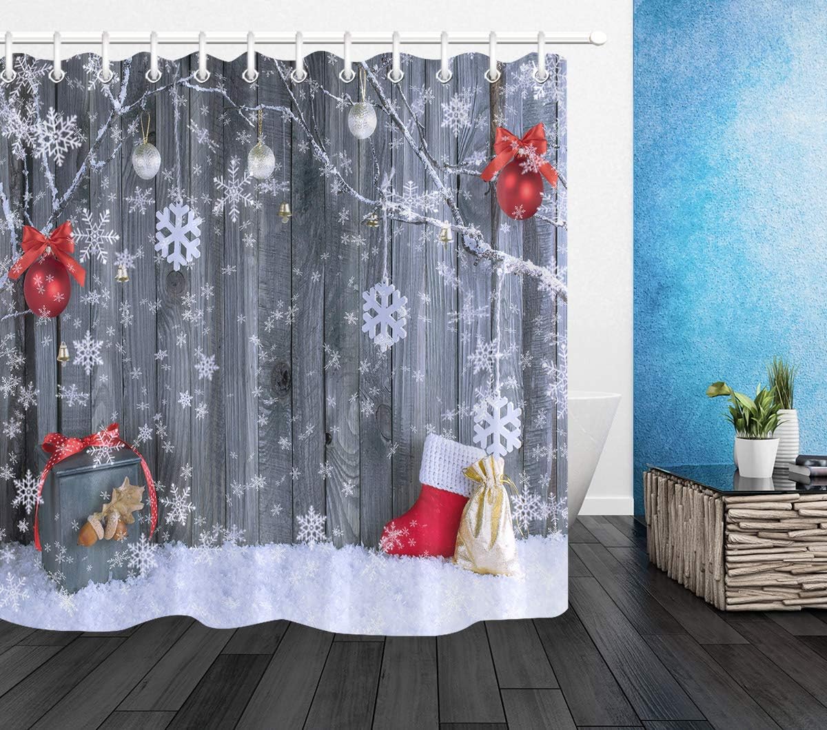 LB Merry Christmas Ornaments Shower Curtain Snowflakes Pattern Hang on Branch with Xmas Balls Decorations on Grey Snow Board Winter Holiday Shower Curtains 78x72 Inch Polyester Fabric with 12 Hooks
