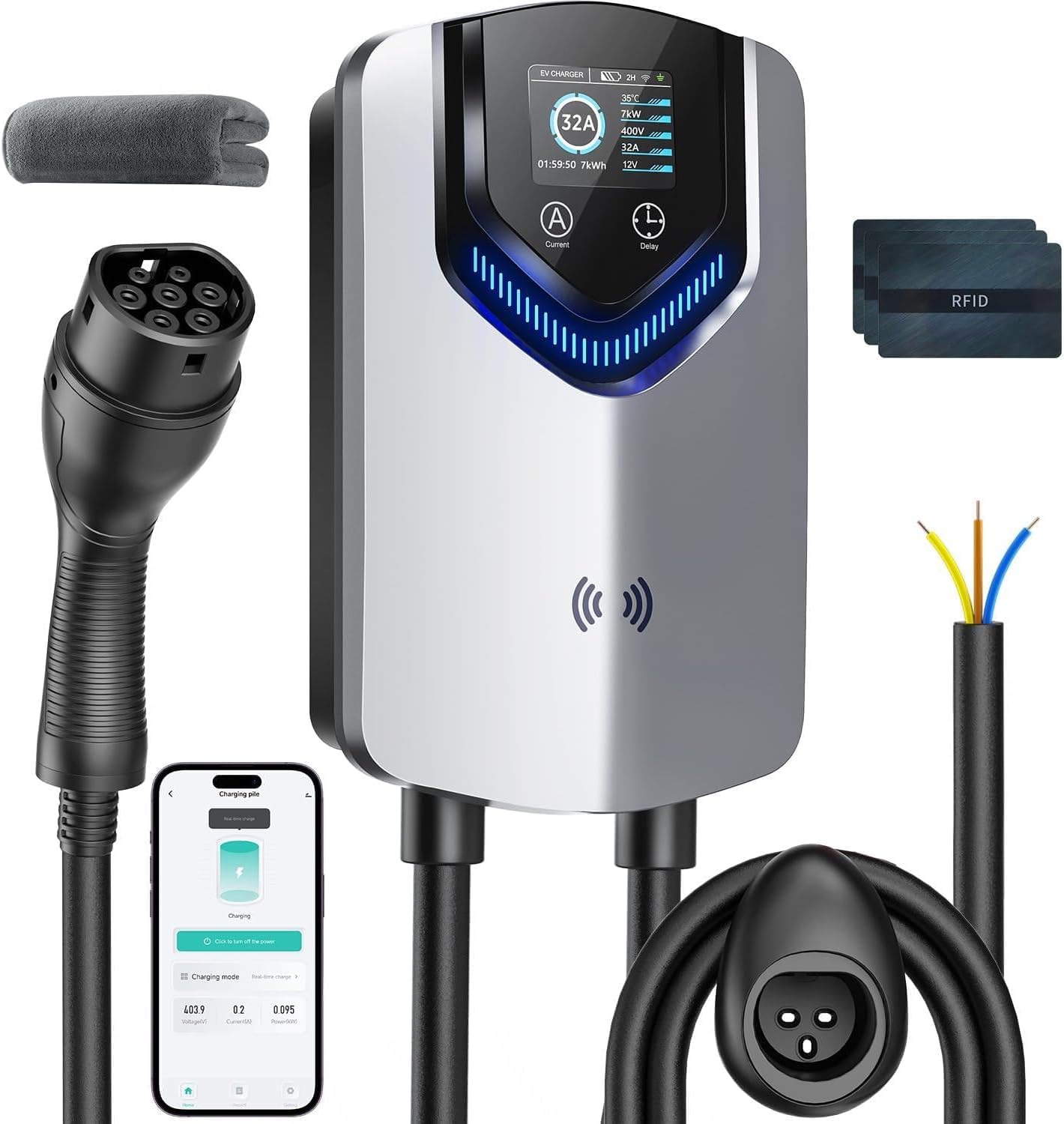 Borne de Recharge Véhicule Électrique 7.4kW avec APP,230V 6-32A, 8M