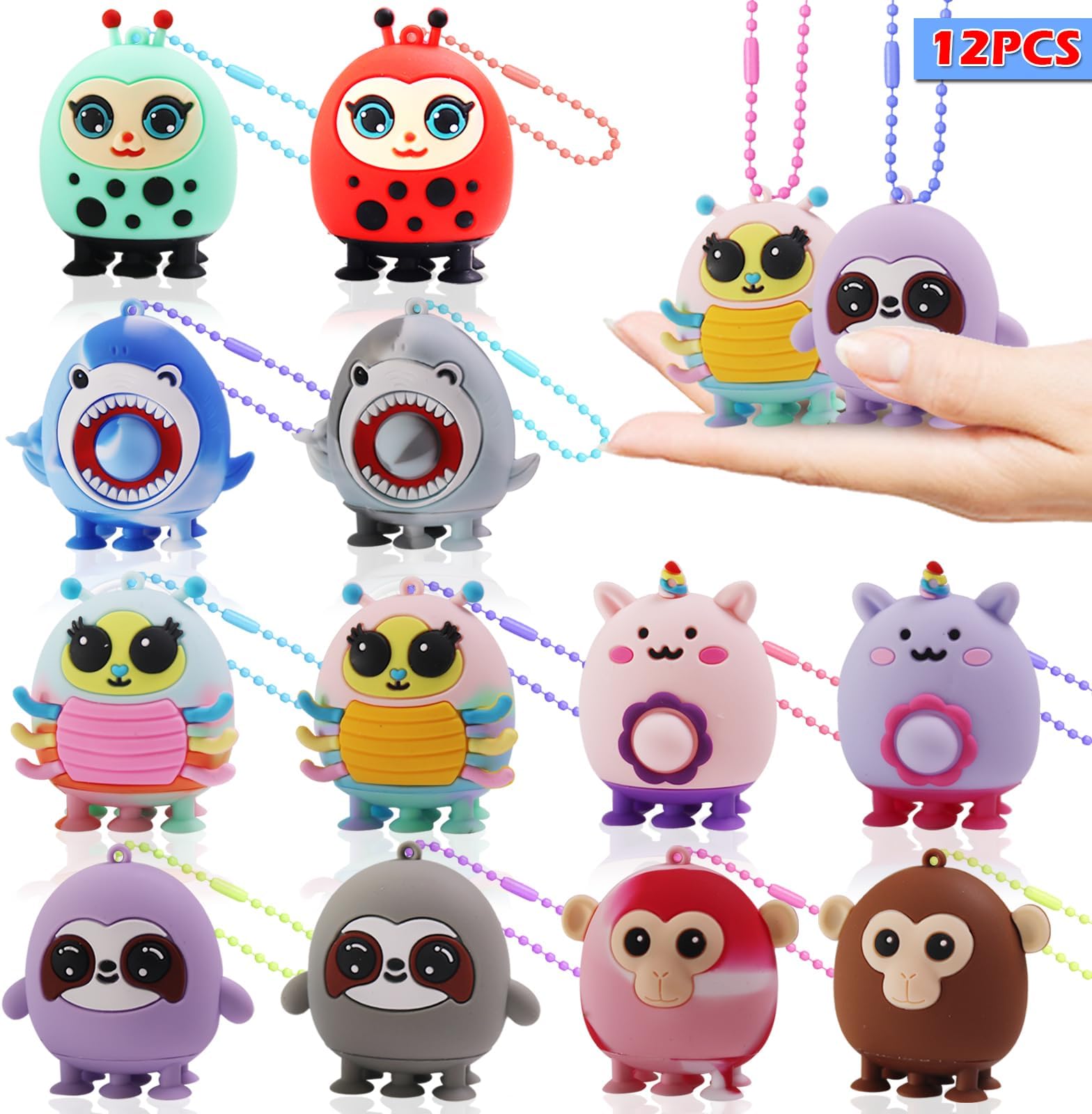 12 Pack Animals Pop Balls,3D Pop Animals Fidget Suction Toys Birthday Party Favors for Kids,Silicone Animal Bath Suction Toys for Boys & Girls, Carnival Prizes, Treasure Box Toys Prizes
