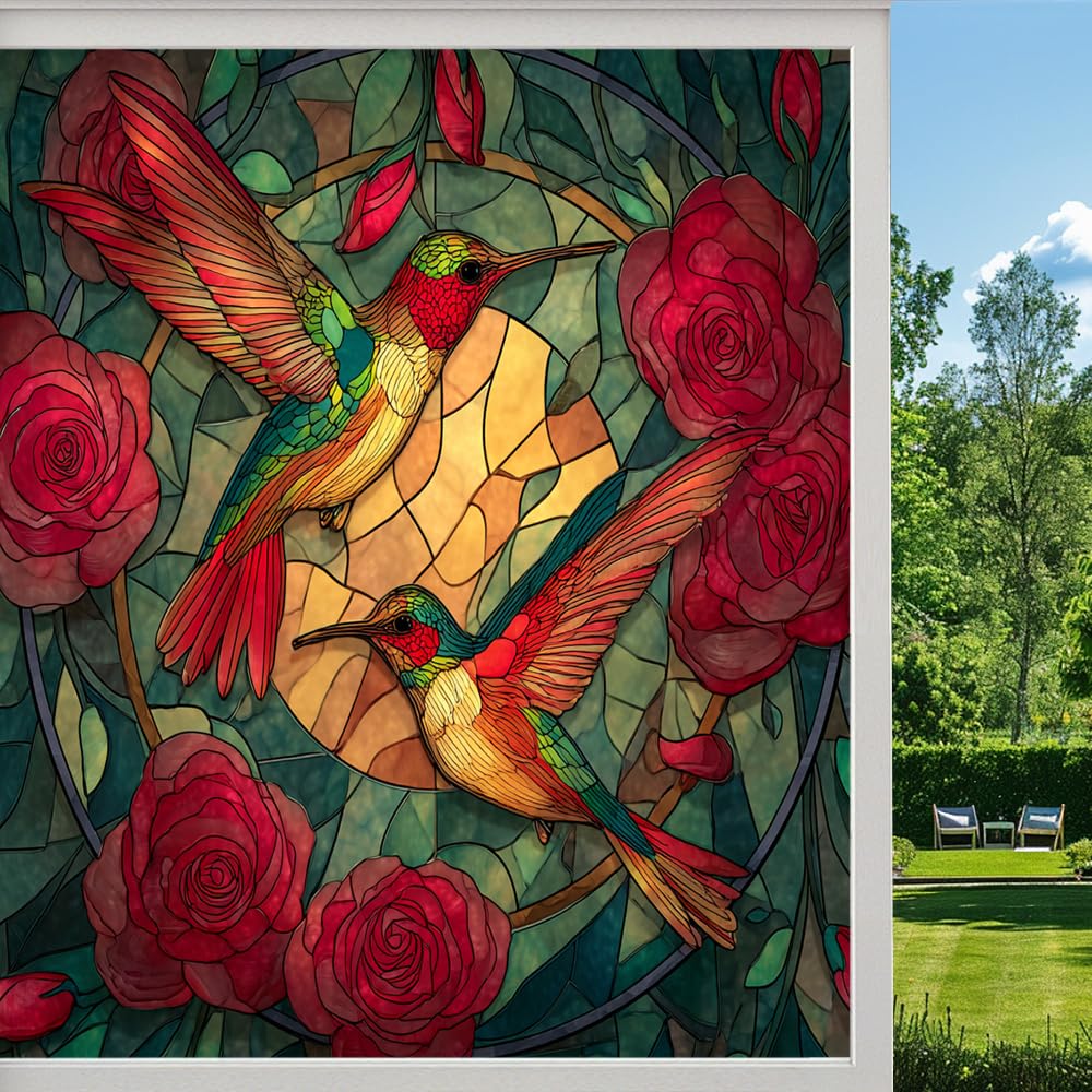 Colorful Hummingbird Stained Glass Window Film, Natural Floral Plants Bird Peel and Stick Privacy Film, Frosted Adhesive Vinyl Decorative for Bathroom Windows Glass Doors, （90x160cm）