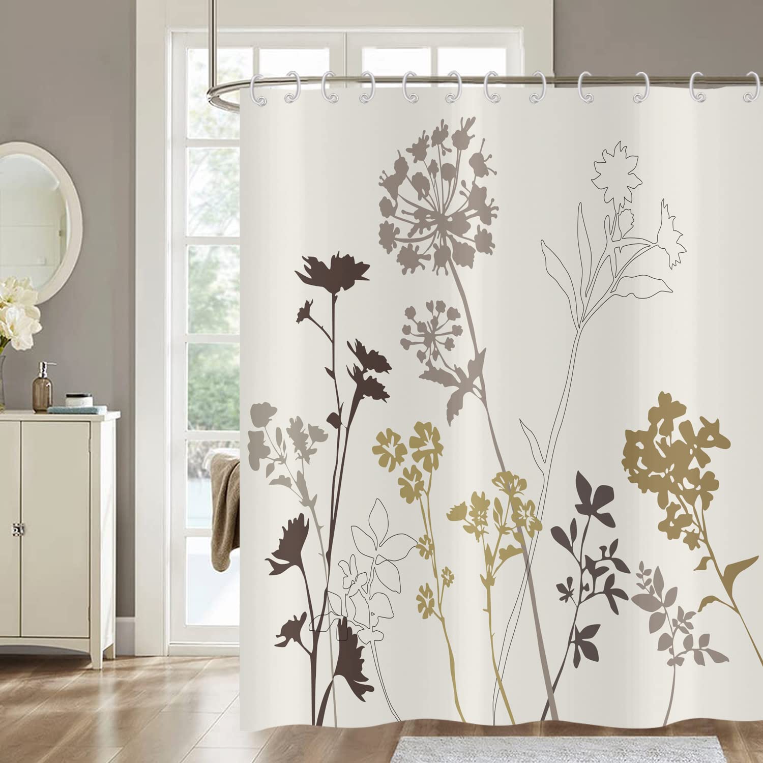 Hnmdmyi Cortina de Baño Flores 180x180, Cortina de Baño Silueta Diente de León Beige Marrón Gris Planta Botánica Vintage Cortina de Baño Tejido de Poliéster Impermeable Lavable con Ganchos