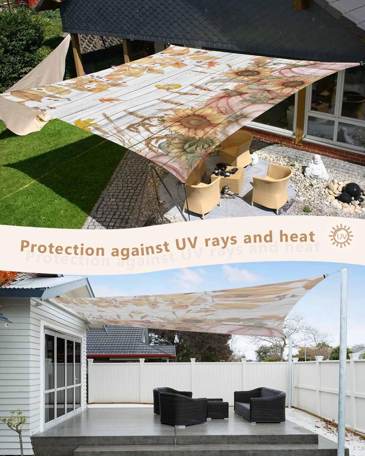 Sun Shade Sails Canopy 12'x16', Fall Watercolor Sunflower Pumpkin Wood Texture UV Protection Outdoor Shade Canopy, Rust Resistant Tear Patio Sail Shade for Sunshade Outdoor Patio Backyard Garden