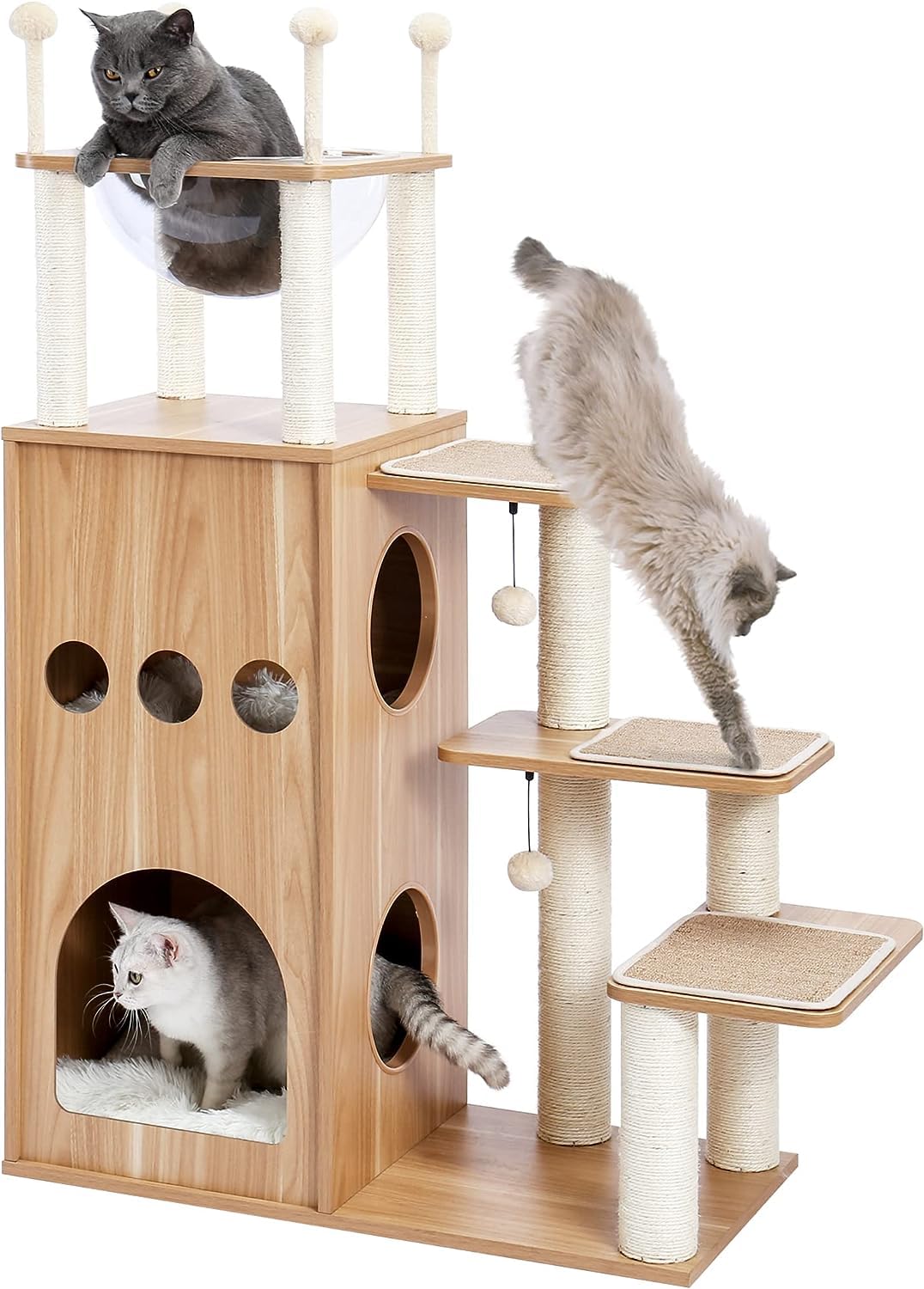 Modern Cat Tree for Large Cat, Wood Cat Tower Heavy Duty with Scratch Post for Indoor Big Cats, 130CM Extra Tall Cat Condo Sturdy Frisco Castle with Clear Bowl for Kittens Maine Coon 10KGs