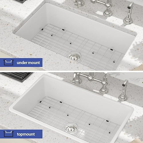 Miniatura 7 de Sarlai Fregadero de 32 pulgadas de arcilla refractaria blanca de 32 x 19 pulgadas, fregadero de cocina blanco de doble caída y montaje inferior,