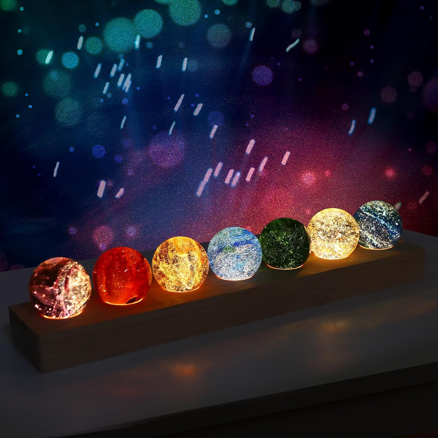Colorful Crystal Glass Chakra Balls Set, 7 Colors 40mm/1.6in Glass Ball Night Light, Crystal Chakra Balls with LED Wooden Base Sphere Balls for Home Decor Meditation