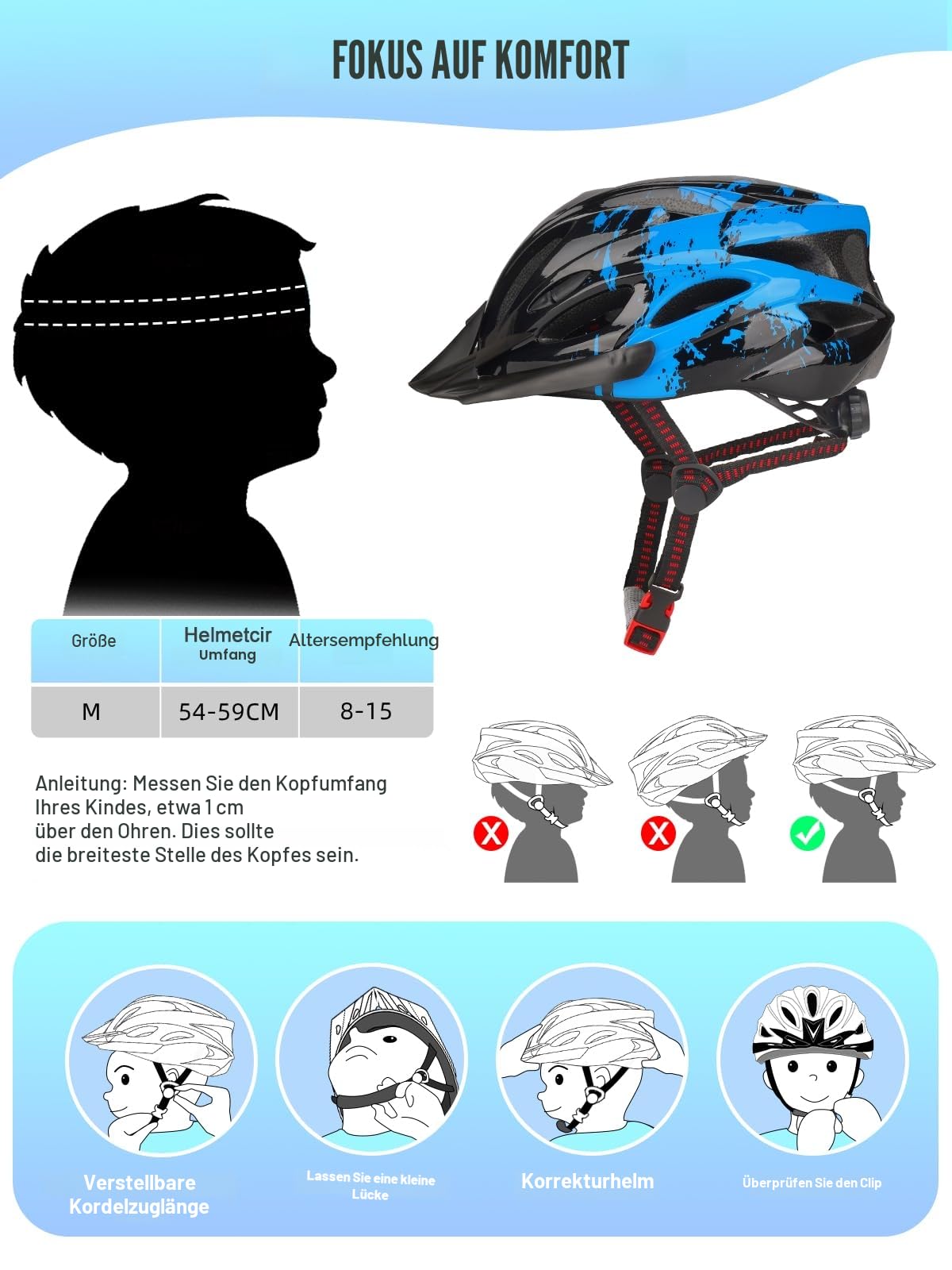 Fahrradhelm Kinder, Verstellbarer Kinderhelm für Jungen und Mädchen im Alter von 3–15 Jahren, Multisport-Kinderhelm (50–59cm), Sicherheitshelm für Fahrrad, Roller, Skating