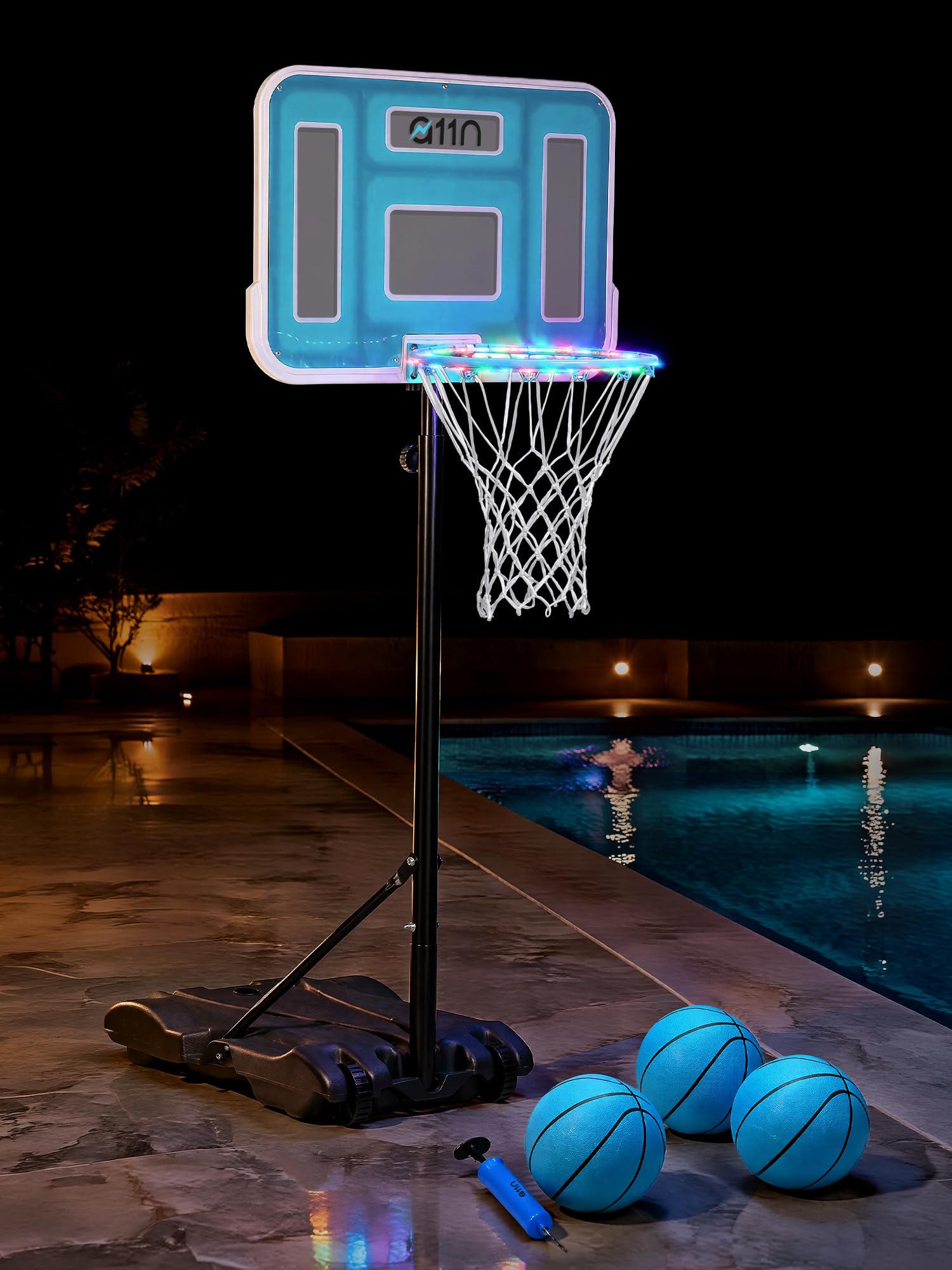 A11N Sports Pool-Basketballkorb mit 41,9 cm LED-Rand, verstellbare Höhe, PET-Rückwand, stabiler Boden, Ball und Pumpe im Lieferumfang enthalten – Wasser-Basketballspiel für Pool-Spielen