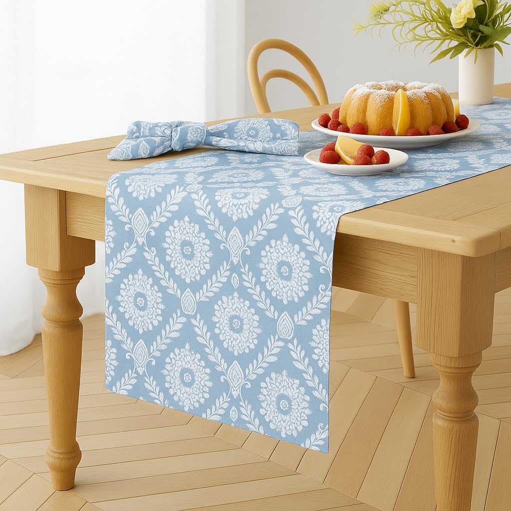 WWW.THROWPILLOW.IN Powder Blue Floral Pattern Bedside Table Runner 13x60 Inch| Chic Table Runner for 4 Feet Long Bedroom Side Table, Nightstand, Bedside Cabinet, Bed Table |Diwali Decor, Living Room 2