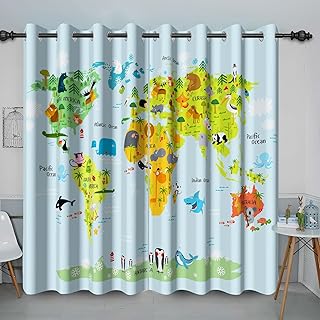 Baocicco Kid World Map Blackout Window Curtains for Bedroom Toddlers Funny Geography Educational Window Drapes Kids Cartoon Animals Continents Oceans World Map Grommets Curtain 2 Panels 53x84 Inch