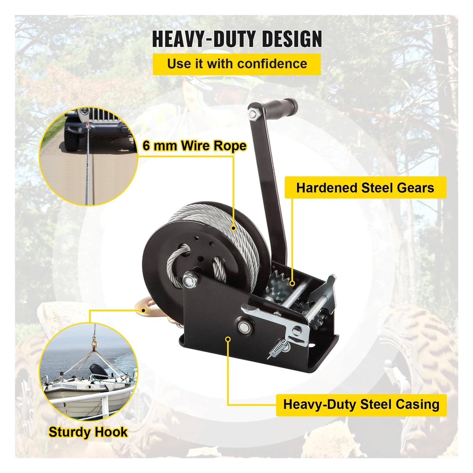 wciągarka ręczna, Heavy Duty Hand, Wciągarka ręczna 2-biegowa dwukierunkowa zapadkowa 3500 funtów 6 mm x 10 m stalowa lina i hak czarny
